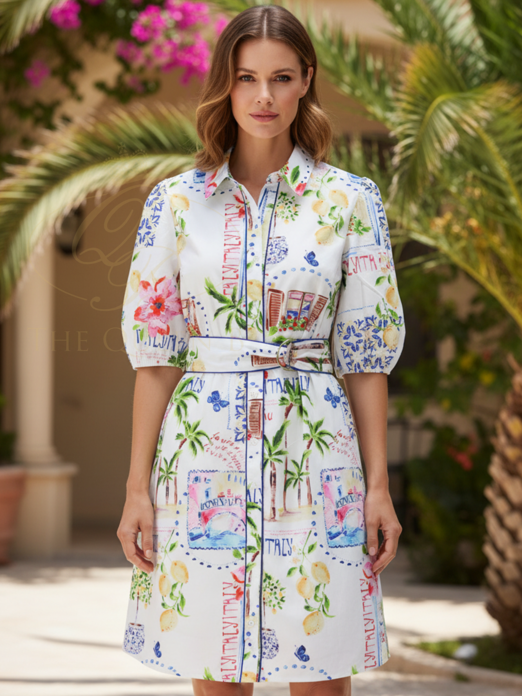 K Design C360L Dress knee-length printed shirt dress with collar, button-through front, waist belt with buckle and short sleeves.