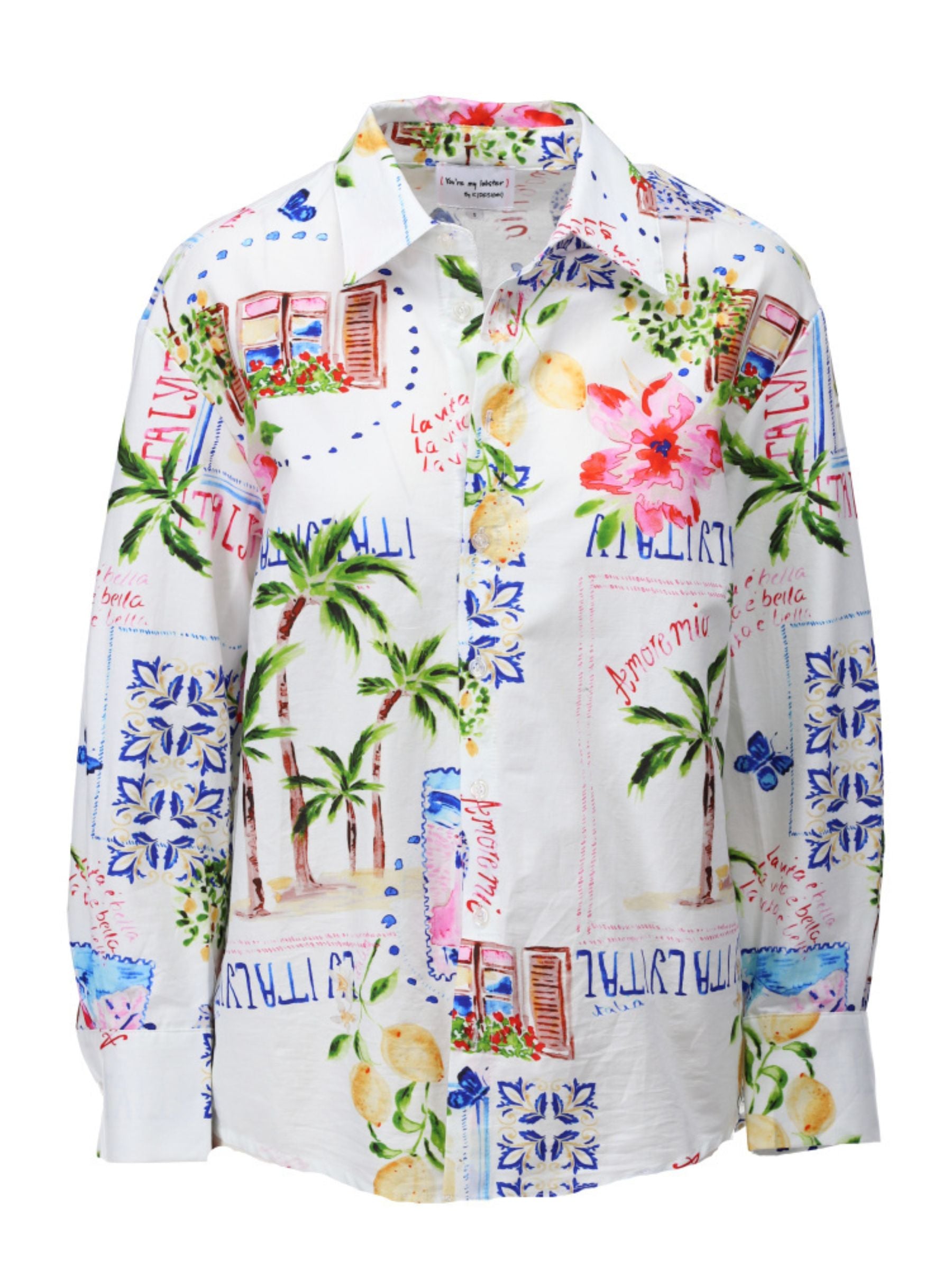 K Design C361L Blouse long sleeve printed blouse with collar, button-through front and illustrated all-over design.