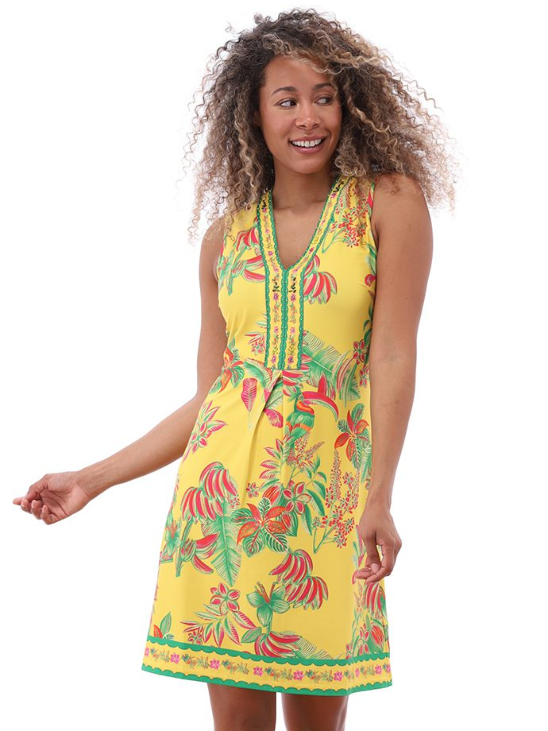 K Design C400 Dress sleeveless knee-length botanical print dress with V-neckline, decorative trim detail and border hem design.