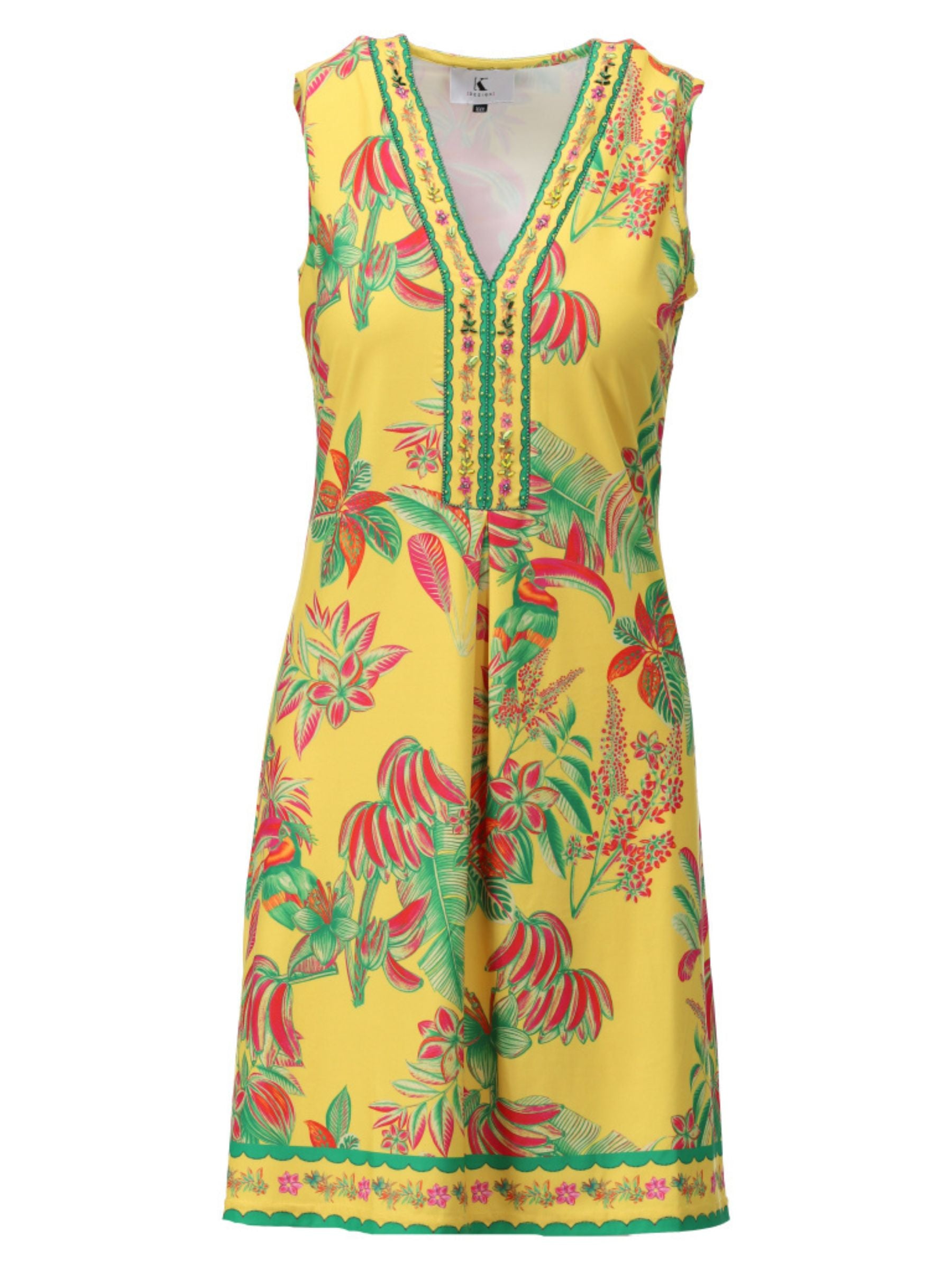 K Design C400 Dress sleeveless knee-length botanical print dress with V-neckline, decorative trim detail and border hem design.