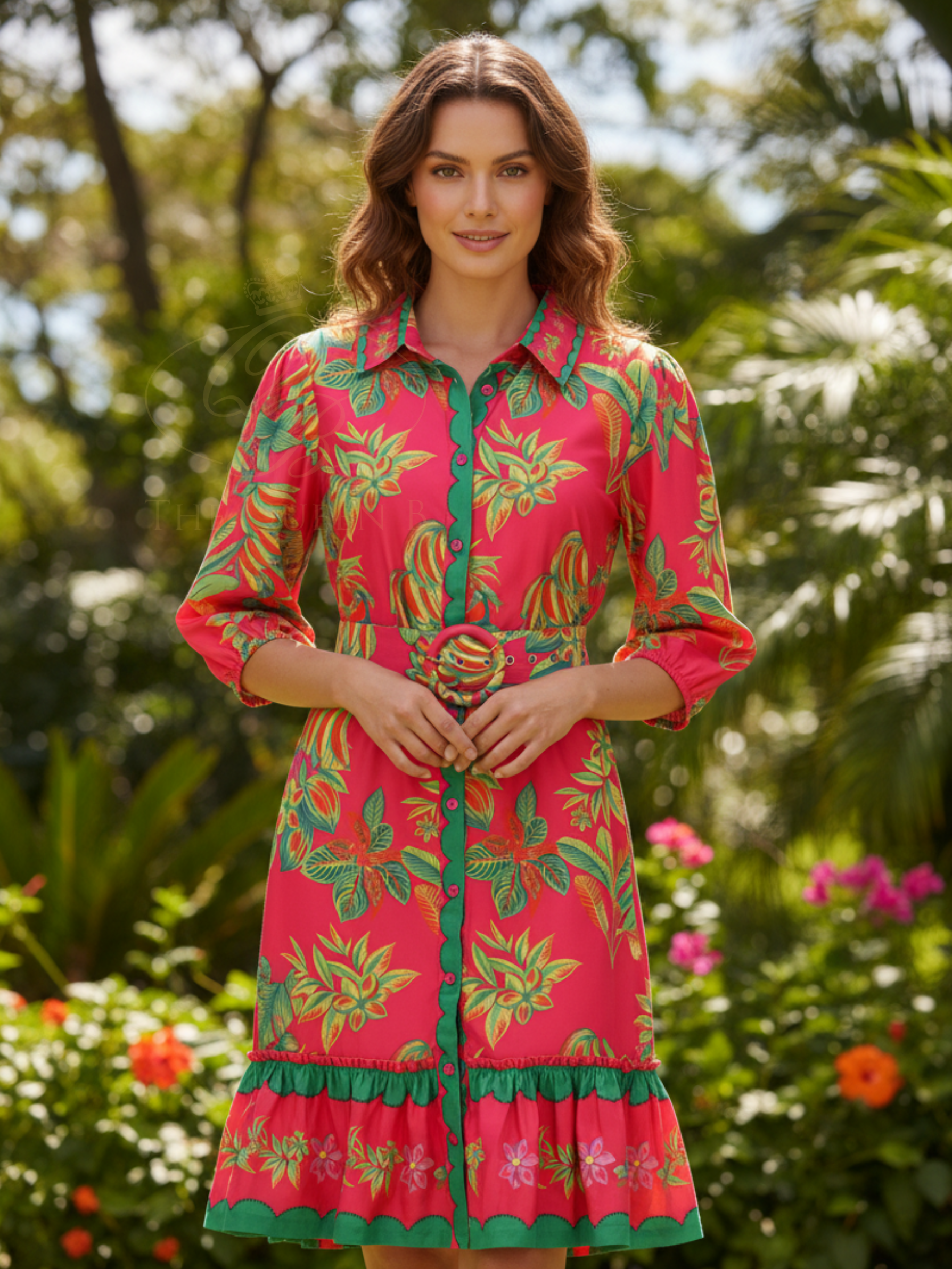 K Design C401 Dress knee-length botanical print shirt dress with collar, scalloped trim placket, waist belt with buckle and ruffle hem detail.