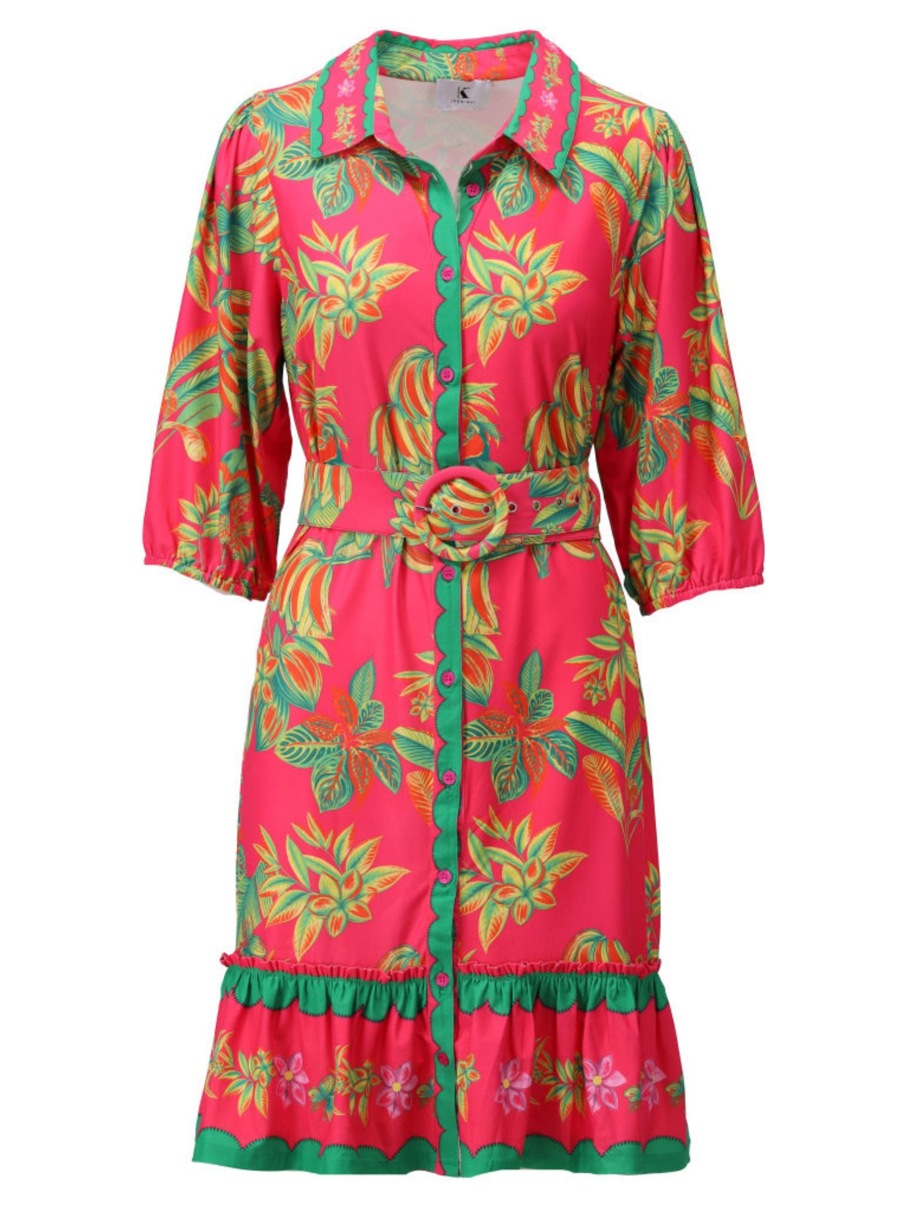 K Design C401 Dress knee-length botanical print shirt dress with collar, scalloped trim placket, waist belt with buckle and ruffle hem detail.