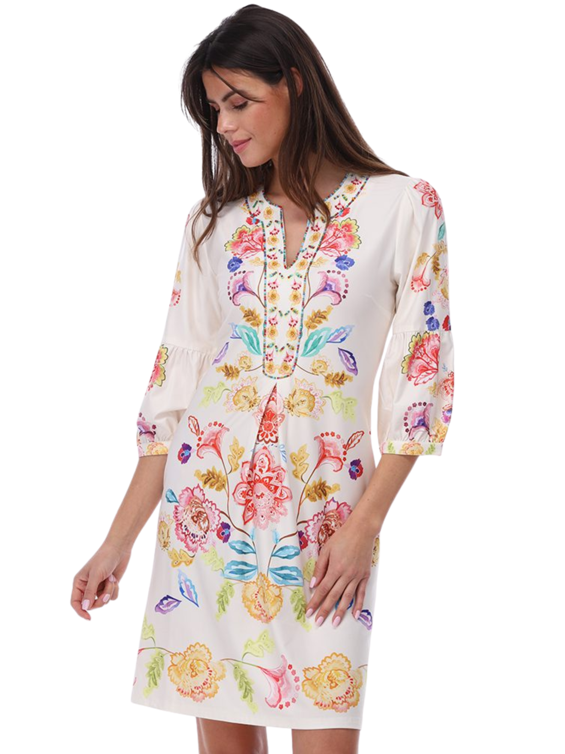 K Design C408 Dress knee-length printed dress with V-neckline, decorative trim detail, three-quarter sleeves and symmetrical floral motif design.