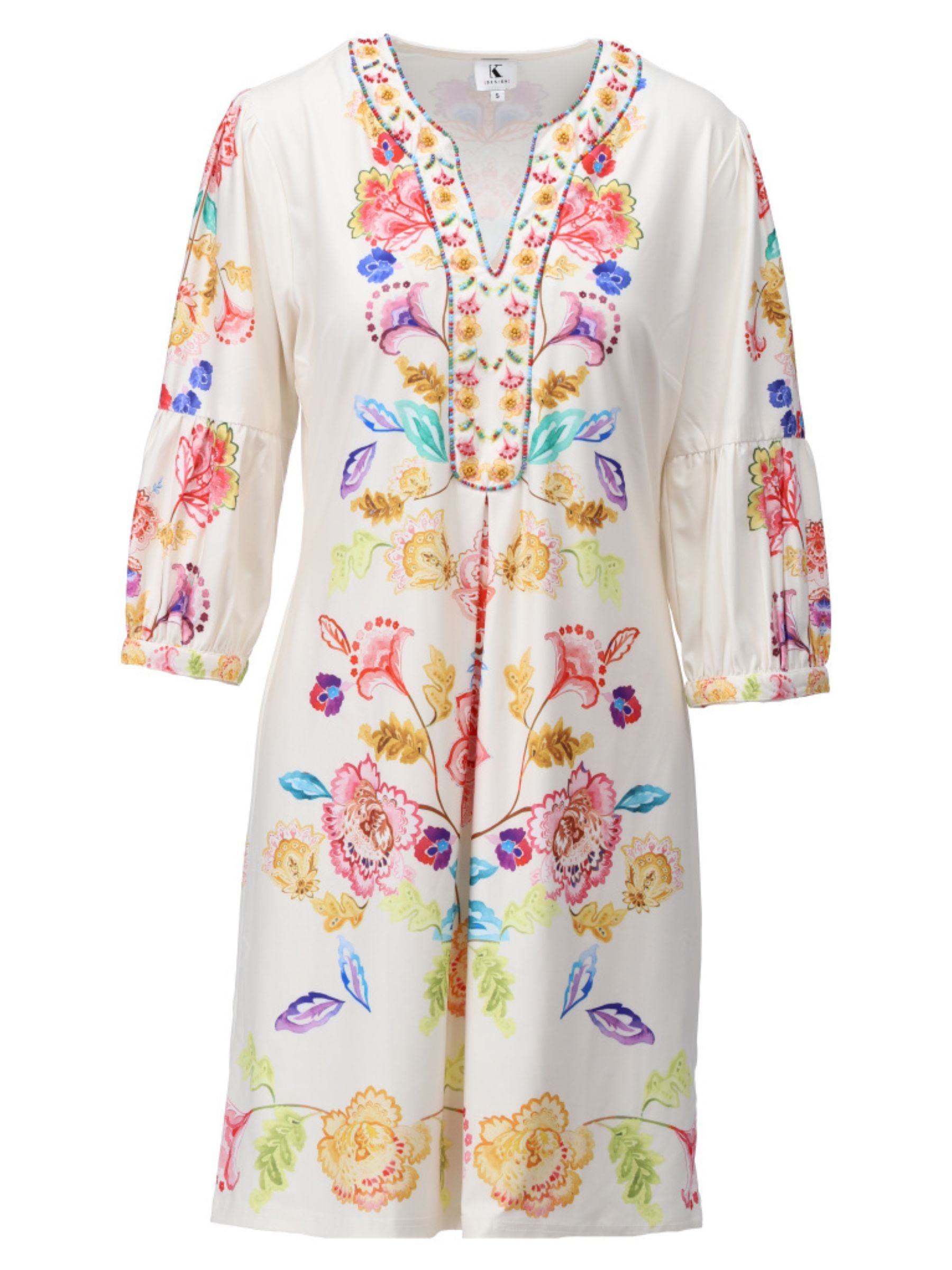 K Design C408 Dress knee-length printed dress with V-neckline, decorative trim detail, three-quarter sleeves and symmetrical floral motif design.