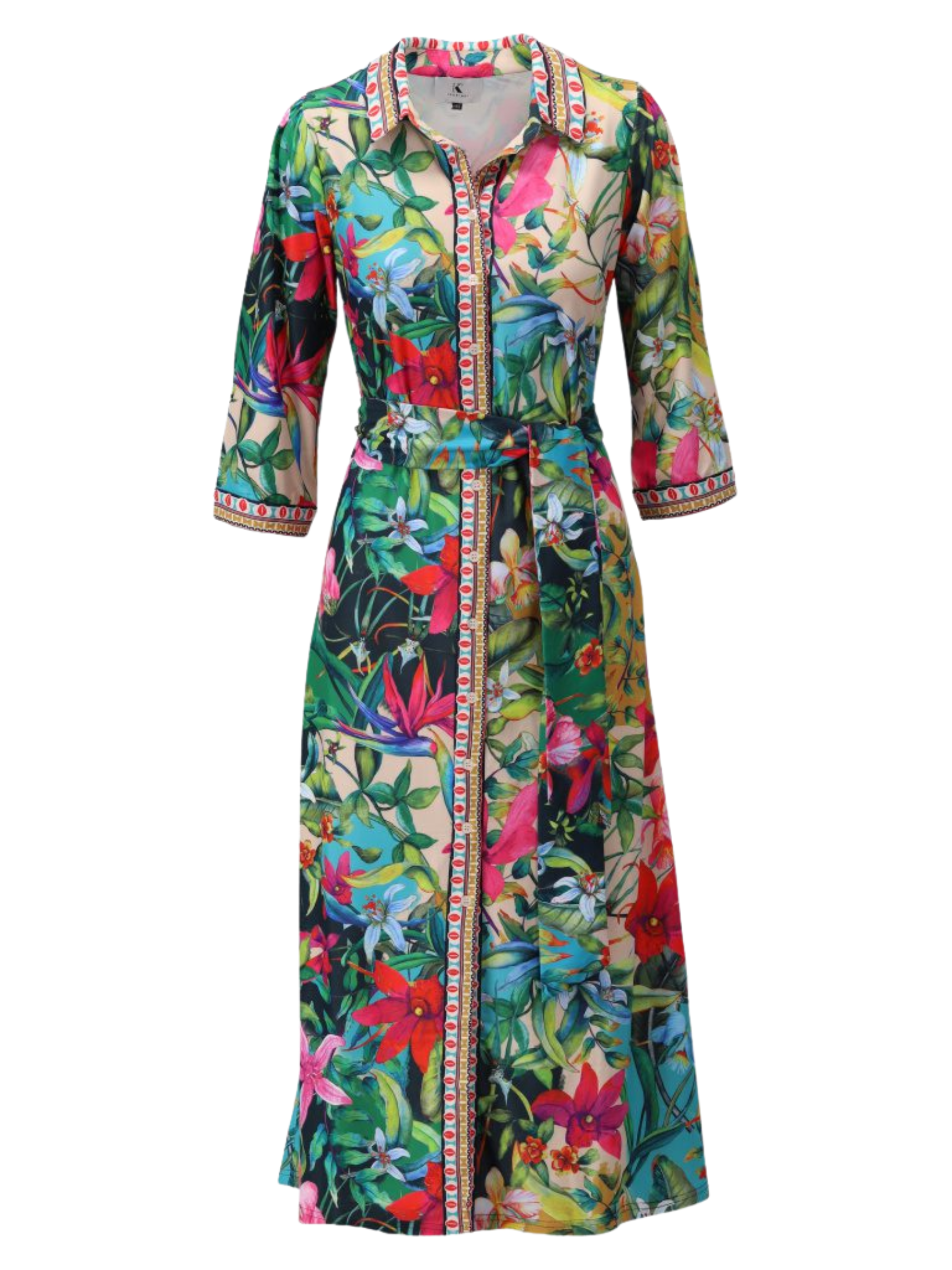 K Design C410 Dress midi floral shirt dress with collar, button-through front, self-tie waist belt and contrast trim detail.
