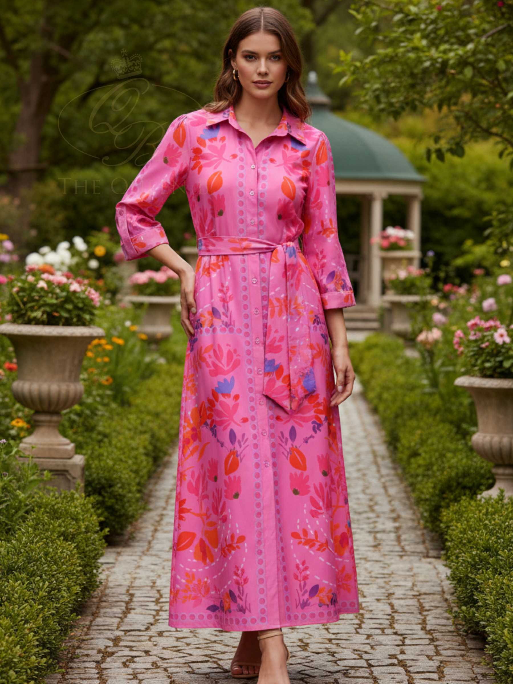 K Design C414 Dress full-length printed shirt dress with collar, button-through front, self-tie waist belt and three-quarter sleeves with border detail.