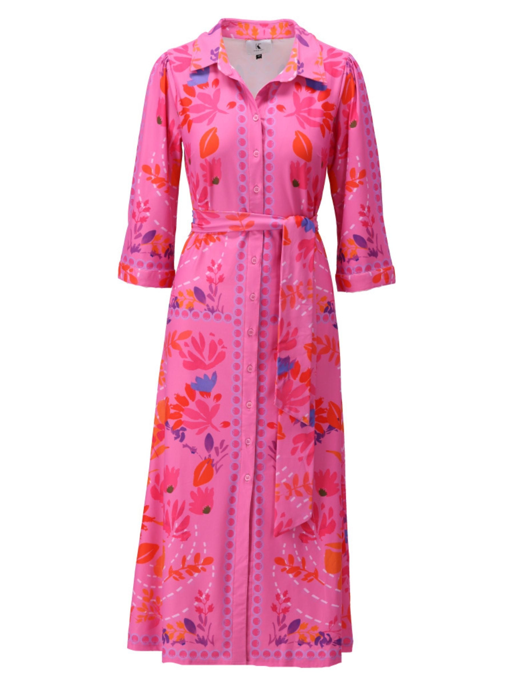 K Design C414 Dress full-length printed shirt dress with collar, button-through front, self-tie waist belt and three-quarter sleeves with border detail.