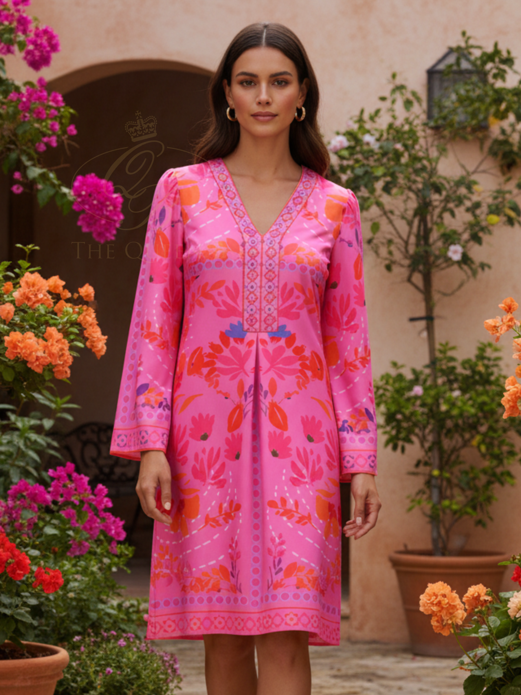 K Design C415 Dress knee-length printed dress with V-neckline, decorative placket detail, long sleeves and border print hem.