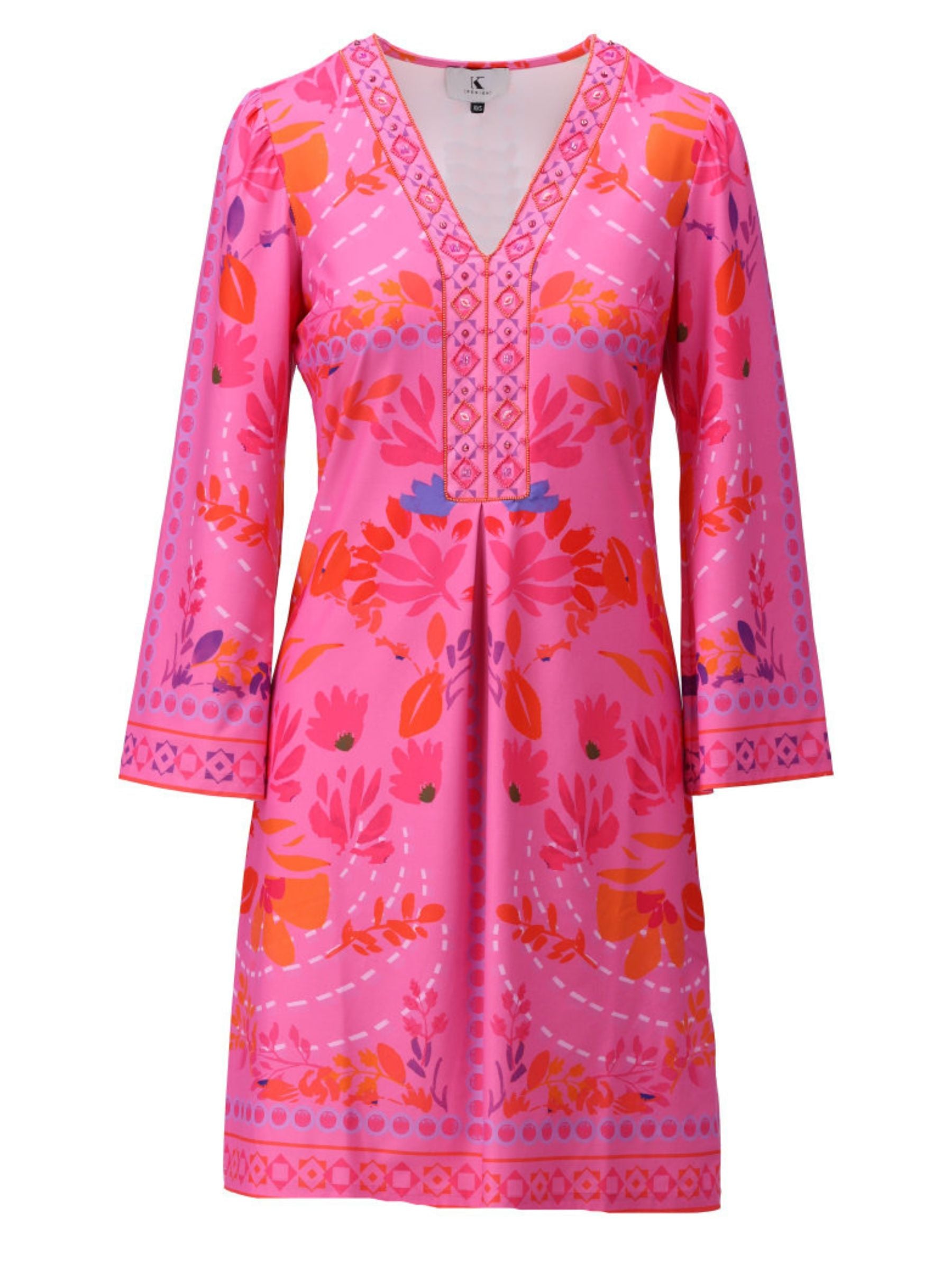 K Design C415 Dress knee-length printed dress with V-neckline, decorative placket detail, long sleeves and border print hem.
