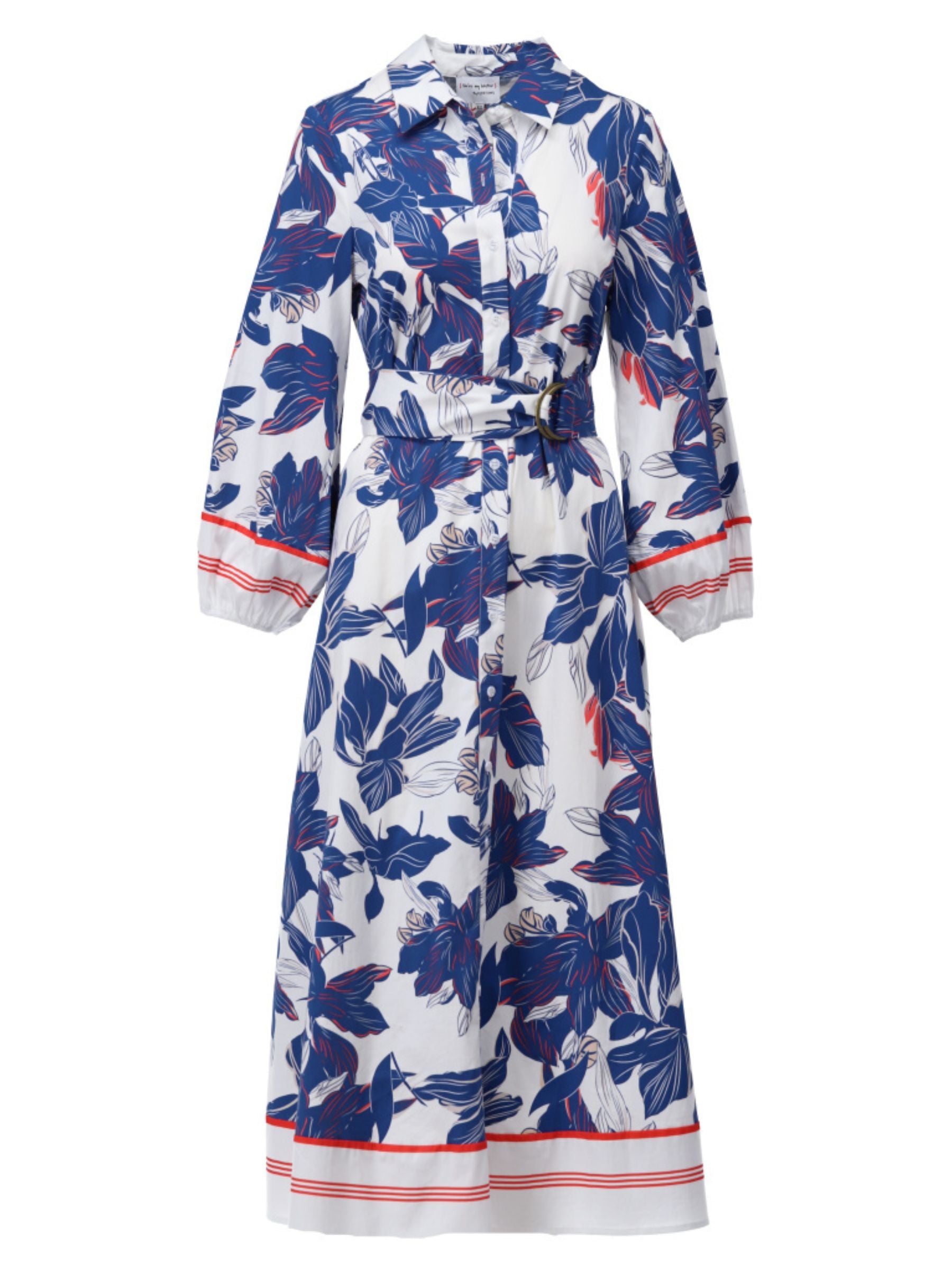 K Design C711L Dress full-length floral shirt dress with collar, button-through front, waist belt with buckle and long sleeves with contrast cuff detail.