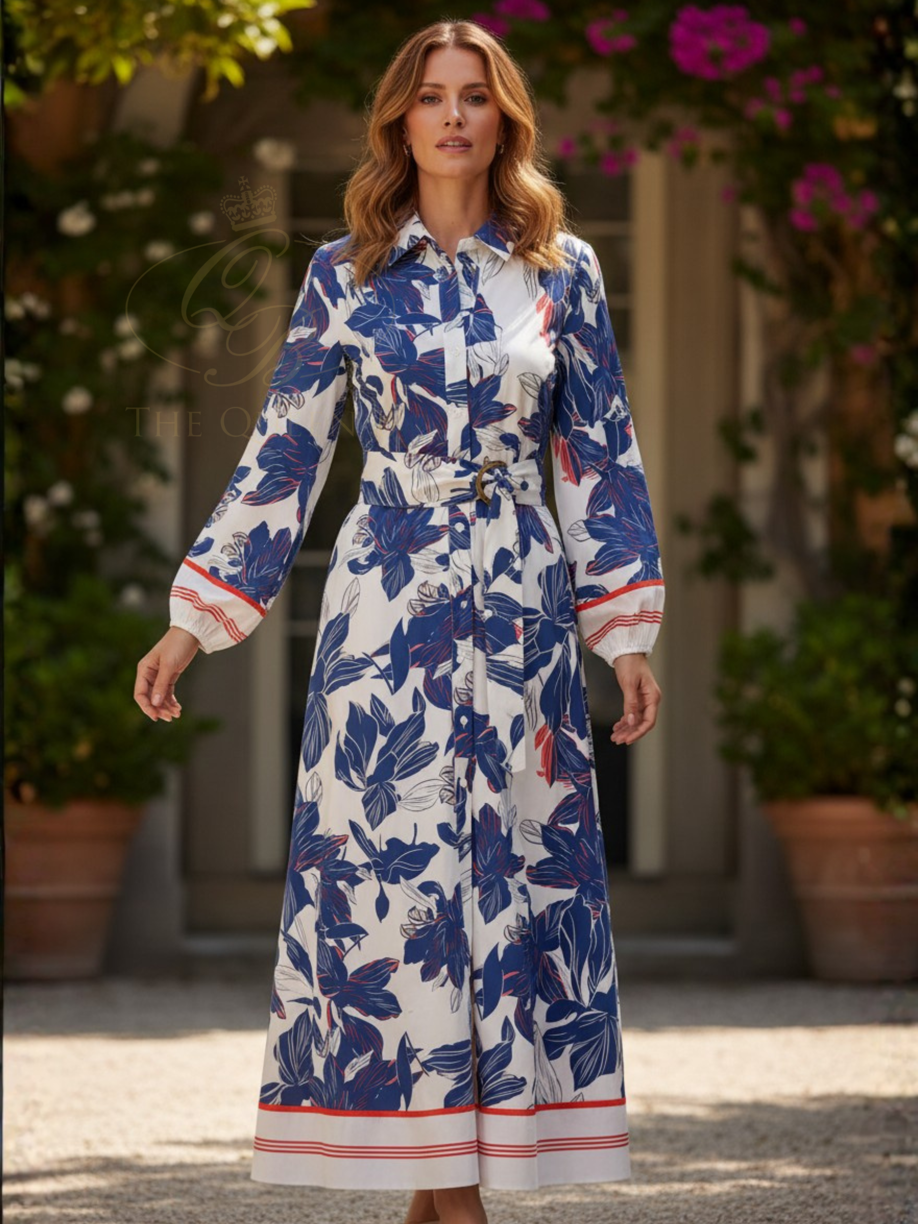 K Design C711L Dress full-length floral shirt dress with collar, button-through front, waist belt with buckle and long sleeves with contrast cuff detail.