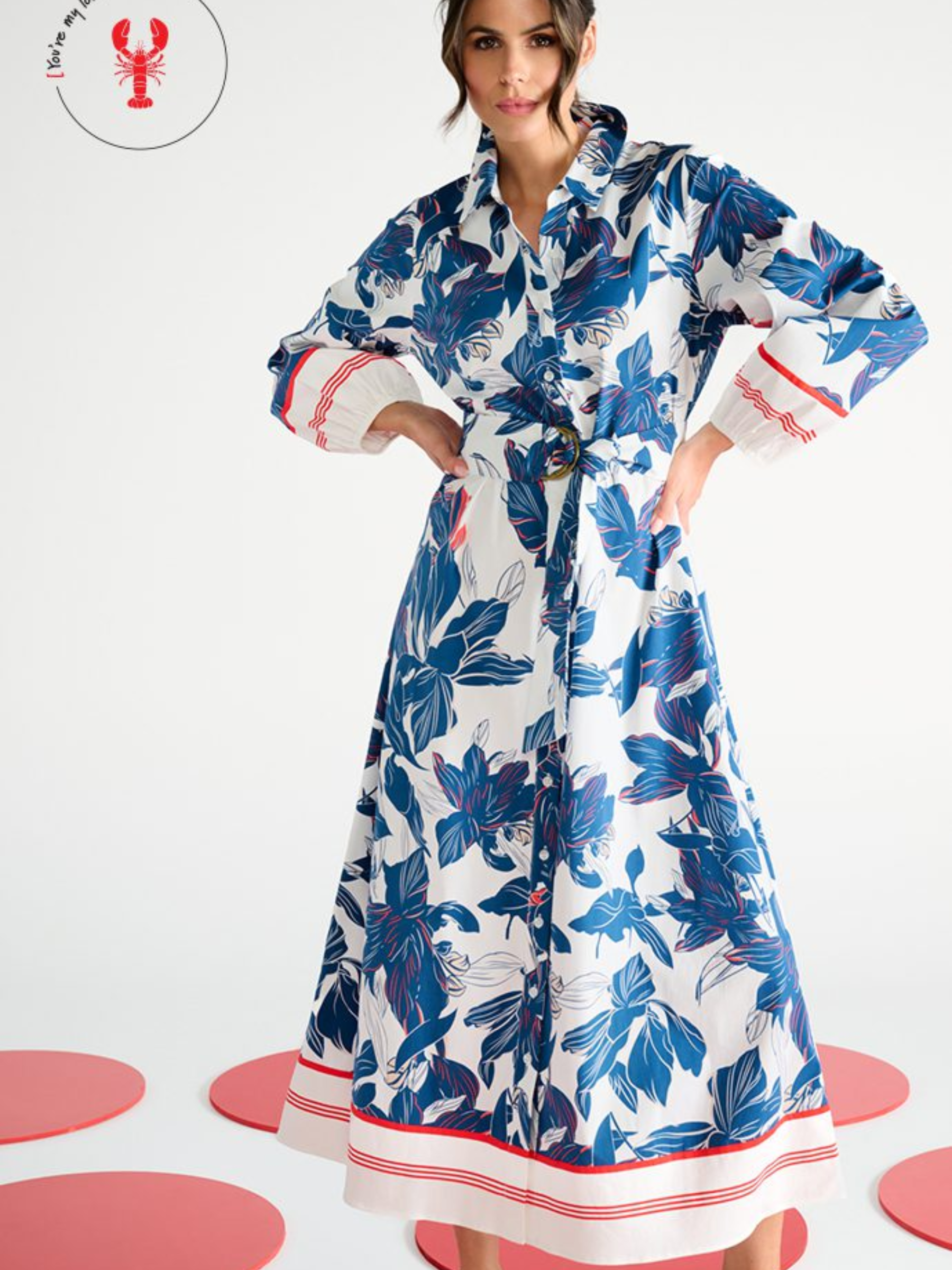 K Design C711L Dress full-length floral shirt dress with collar, button-through front, waist belt with buckle and long sleeves with contrast cuff detail.