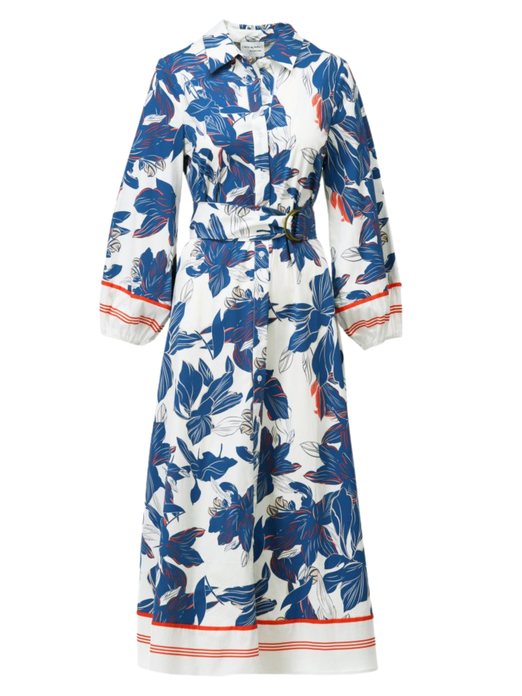 K Design C711L Dress full-length floral shirt dress with collar, button-through front, waist belt with buckle and long sleeves with contrast cuff detail.