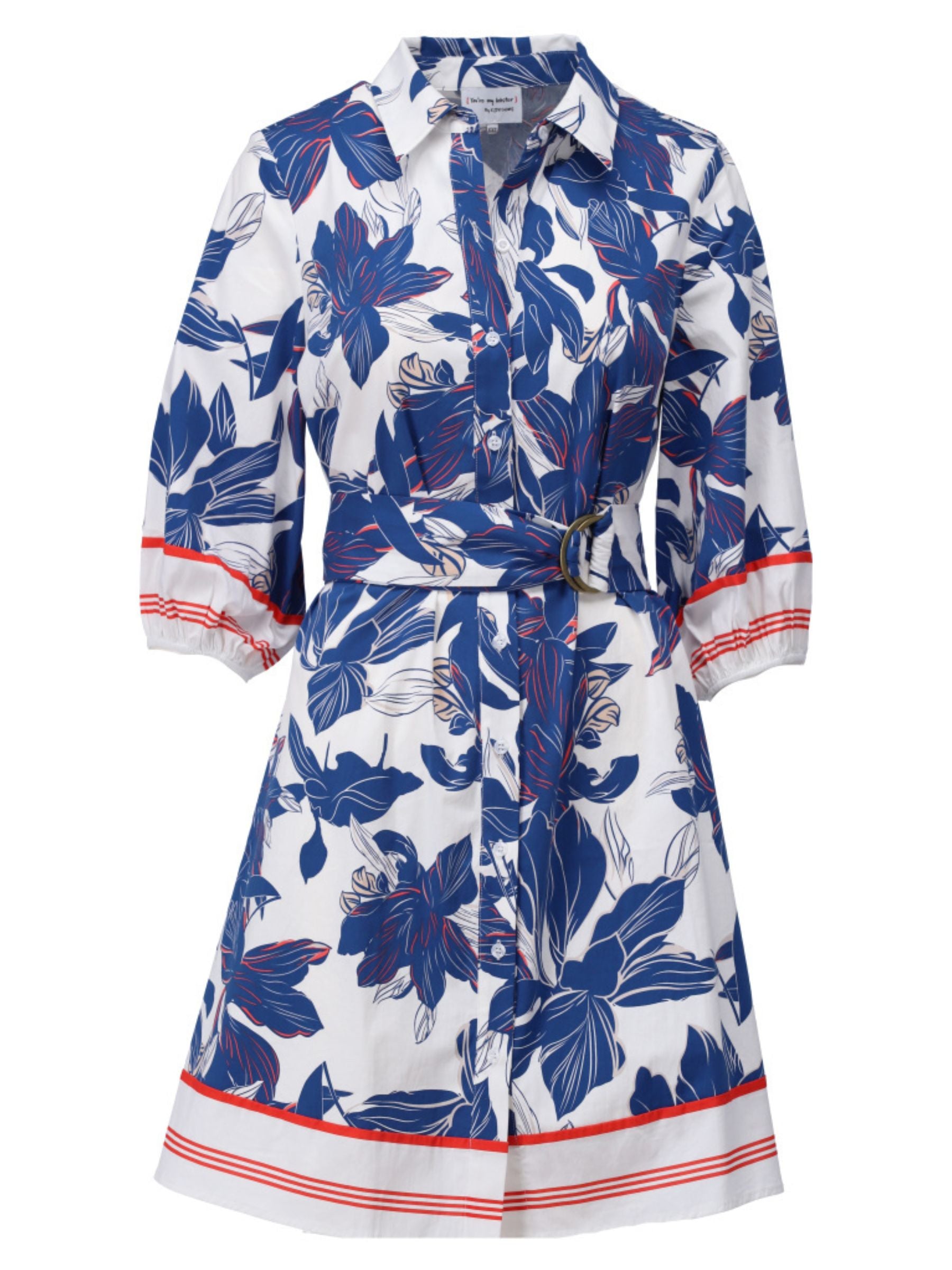 K Design C712L Dress shirt dress with floral print, collared neckline, button-through front, waist belt with buckle and three-quarter sleeves.