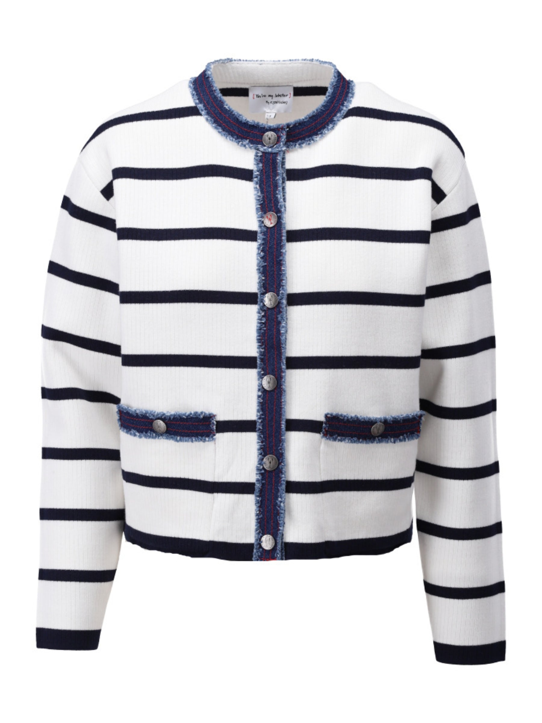 K Design C811L Cardigan striped cropped women’s cardigan with round neckline, textured contrast trim, metal buttons and decorative front pockets.