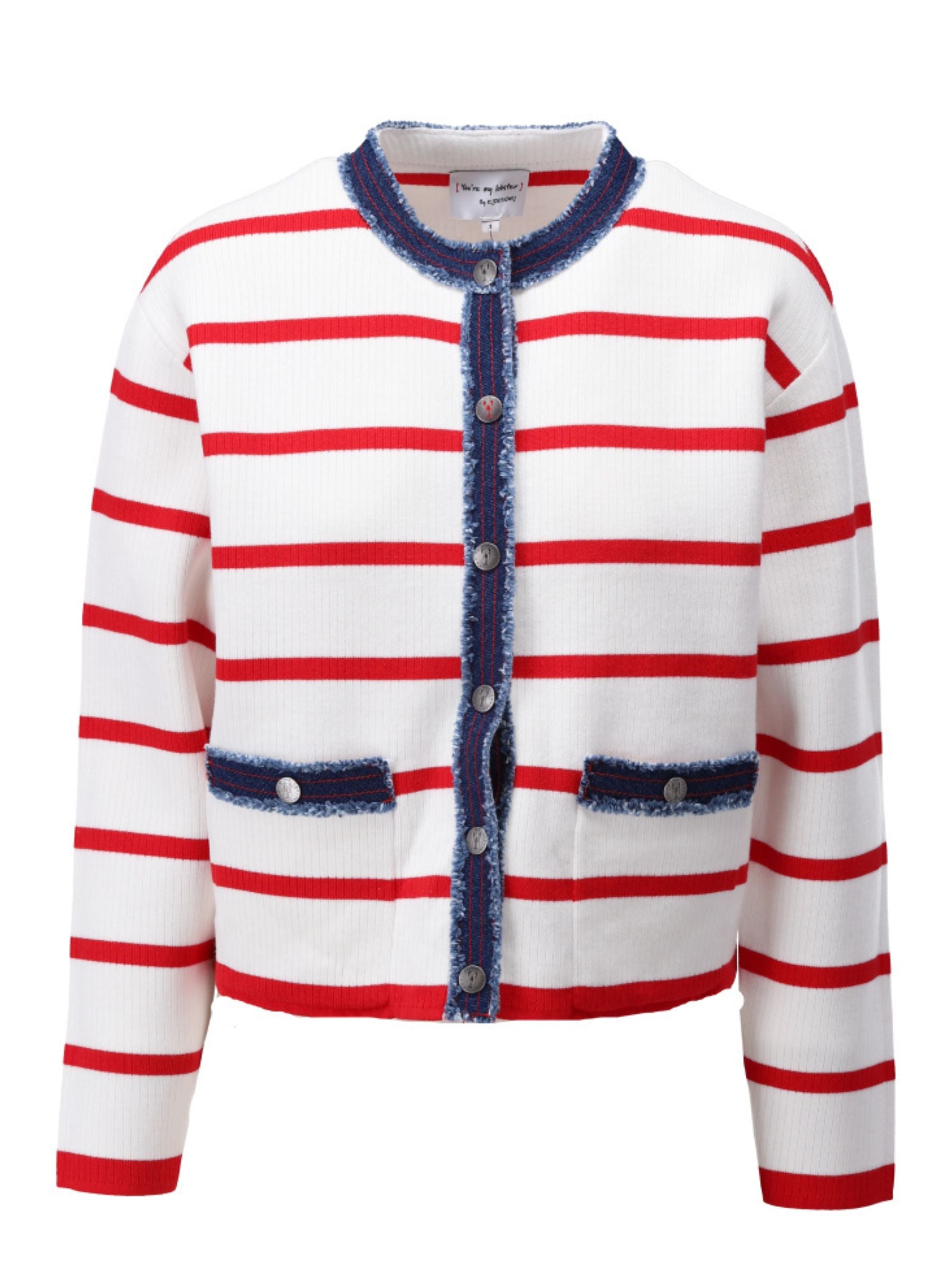 K Design C811L Cardigan striped cropped women’s cardigan with round neckline, textured contrast trim, metal buttons and decorative front pockets.