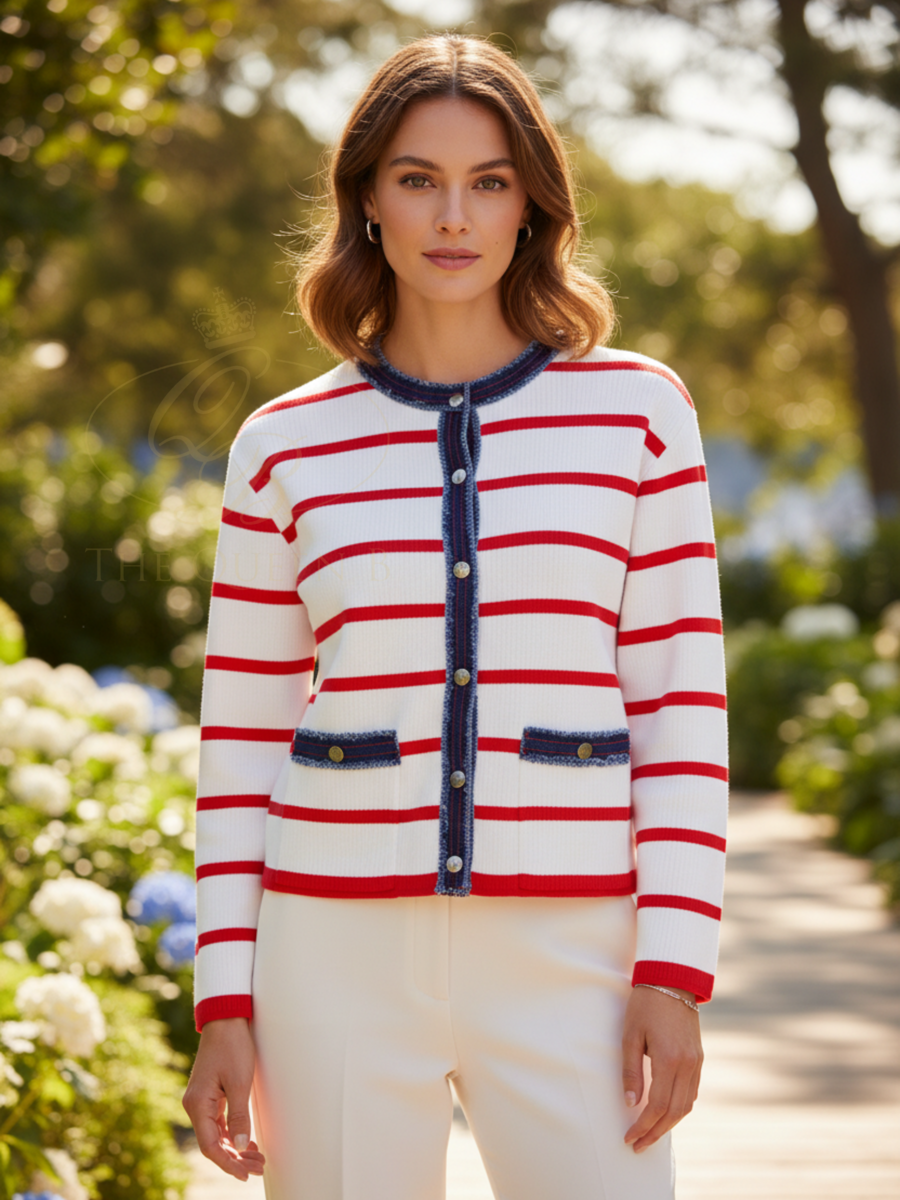 K Design C811L Cardigan striped cropped women’s cardigan with round neckline, textured contrast trim, metal buttons and decorative front pockets.