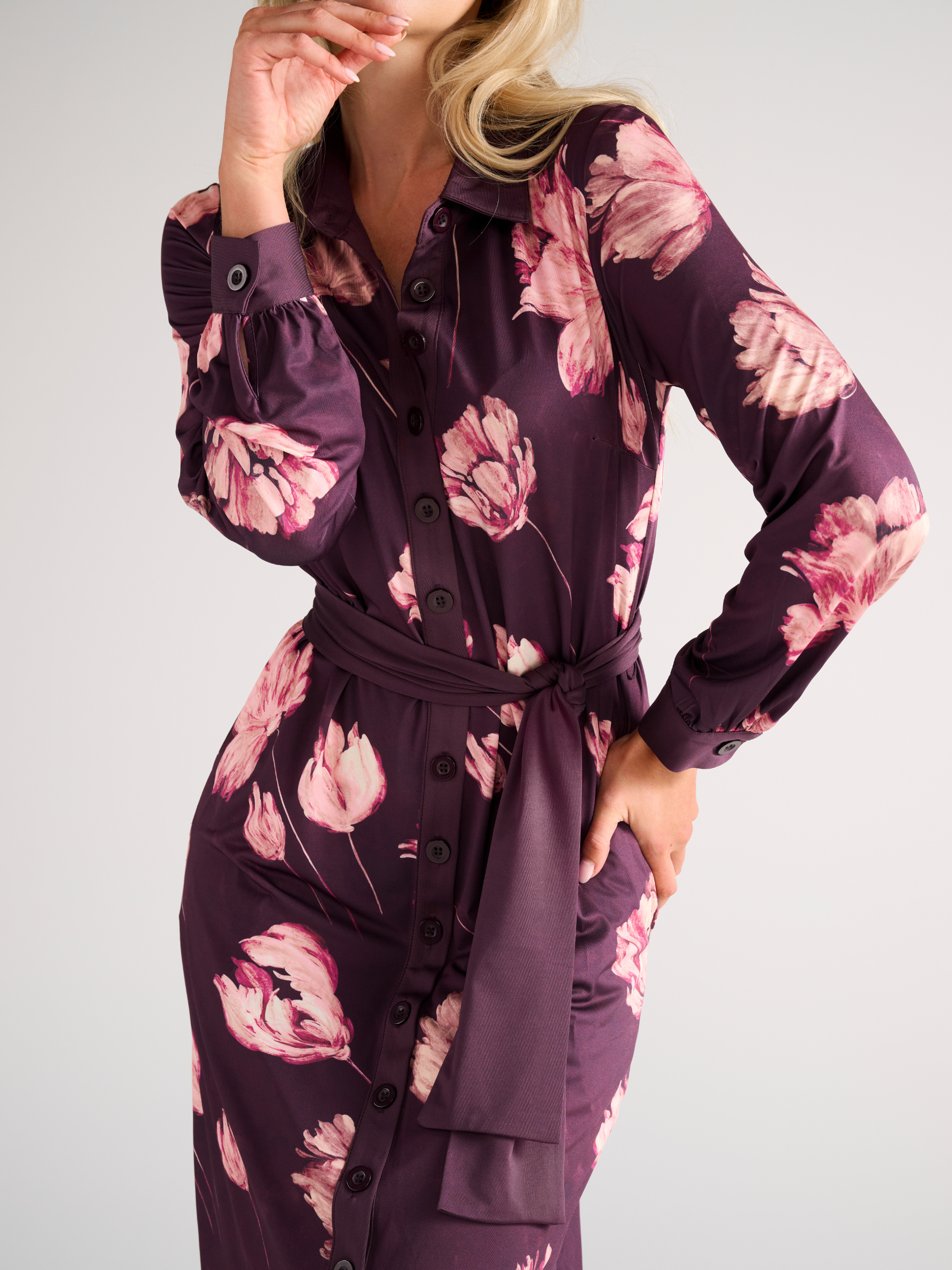 K Design D112 Maxi Shirt Dress with floral print, collared neckline, button-front fastening and self-tie waist belt.