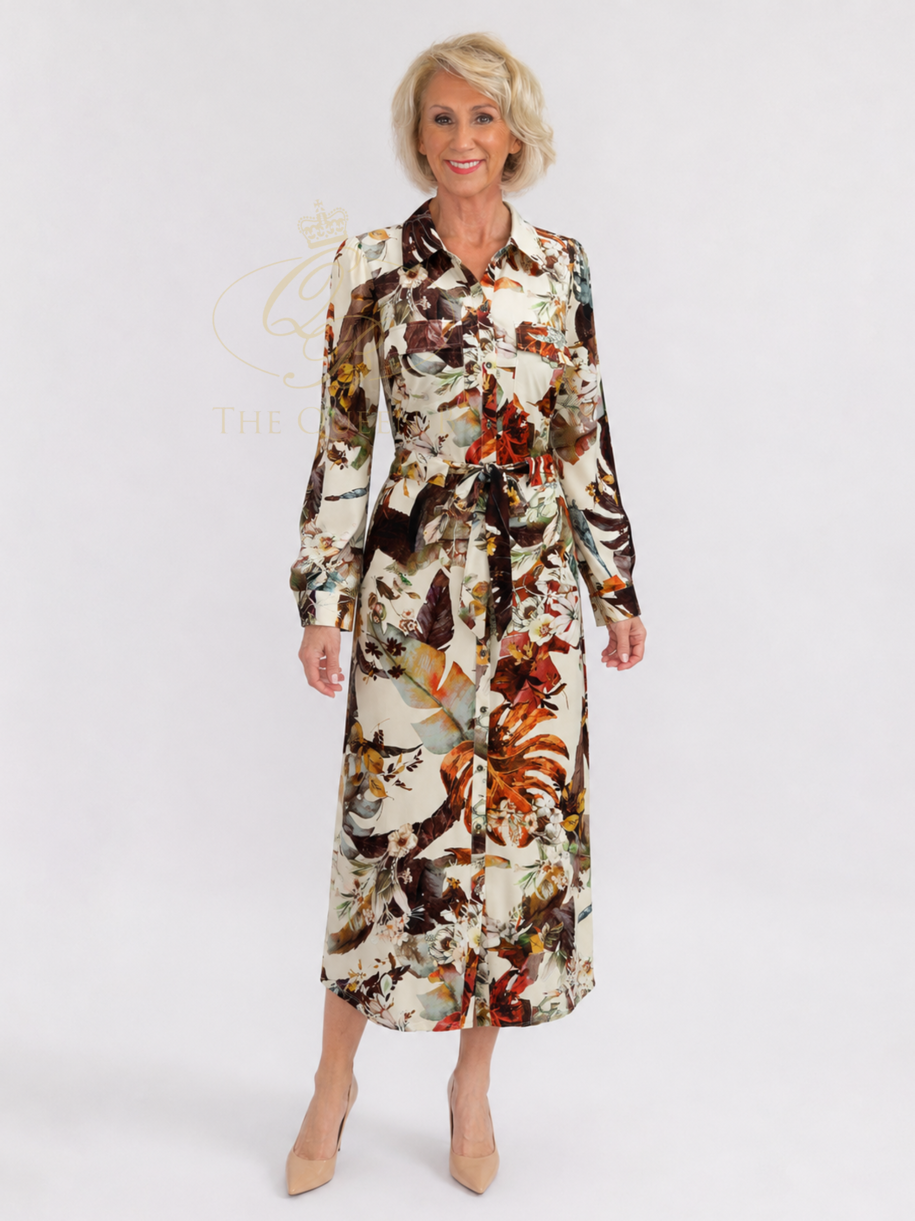 K Design D205 Midi Shirt Dress with floral botanical print, collared neckline, button-through front, long sleeves, chest pockets and self-tie waist belt.