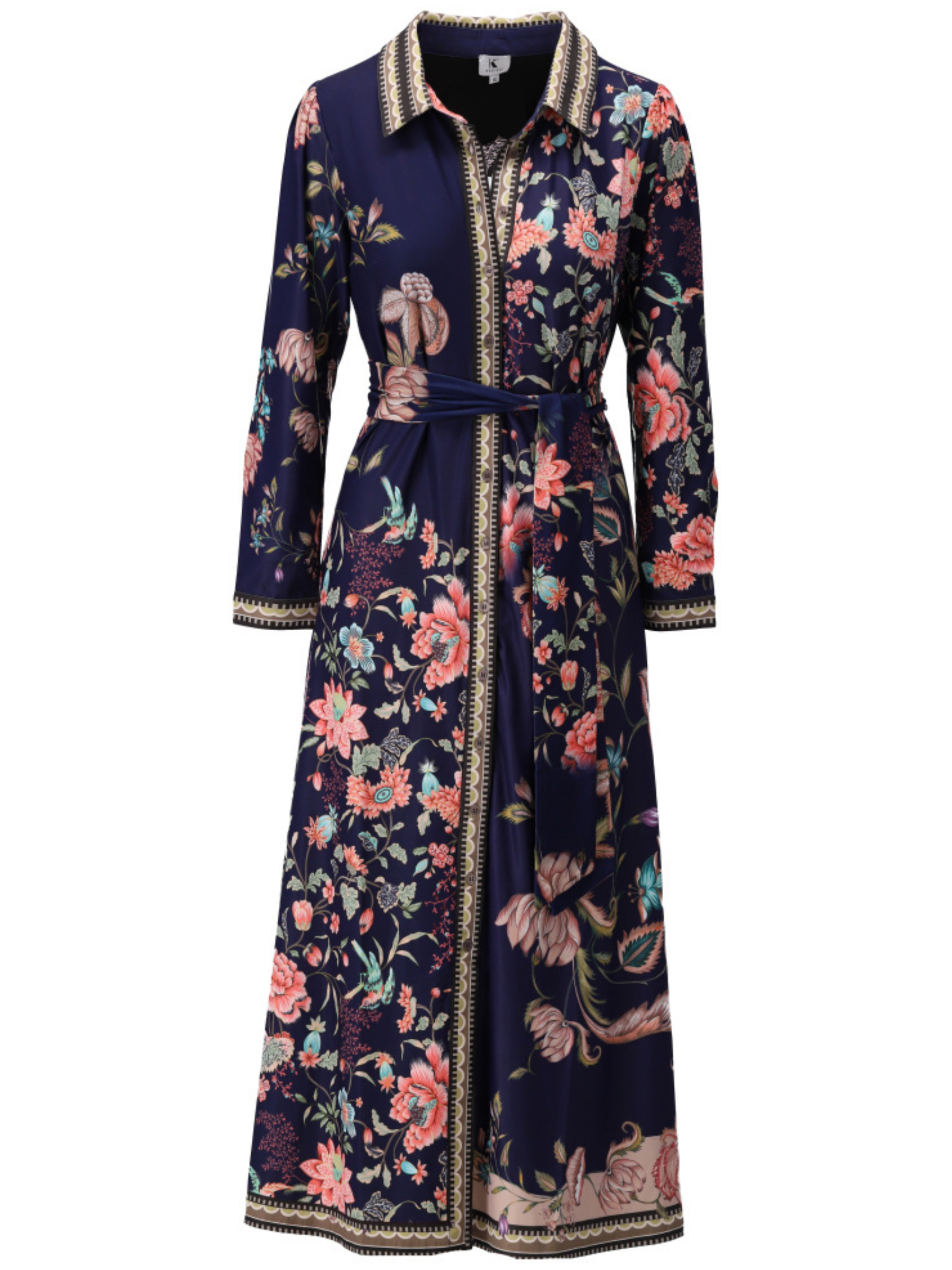 K Design D603 Maxi Dress with floral print, collared neckline, button-through front, long sleeves, self-tie waist belt and border detailing.