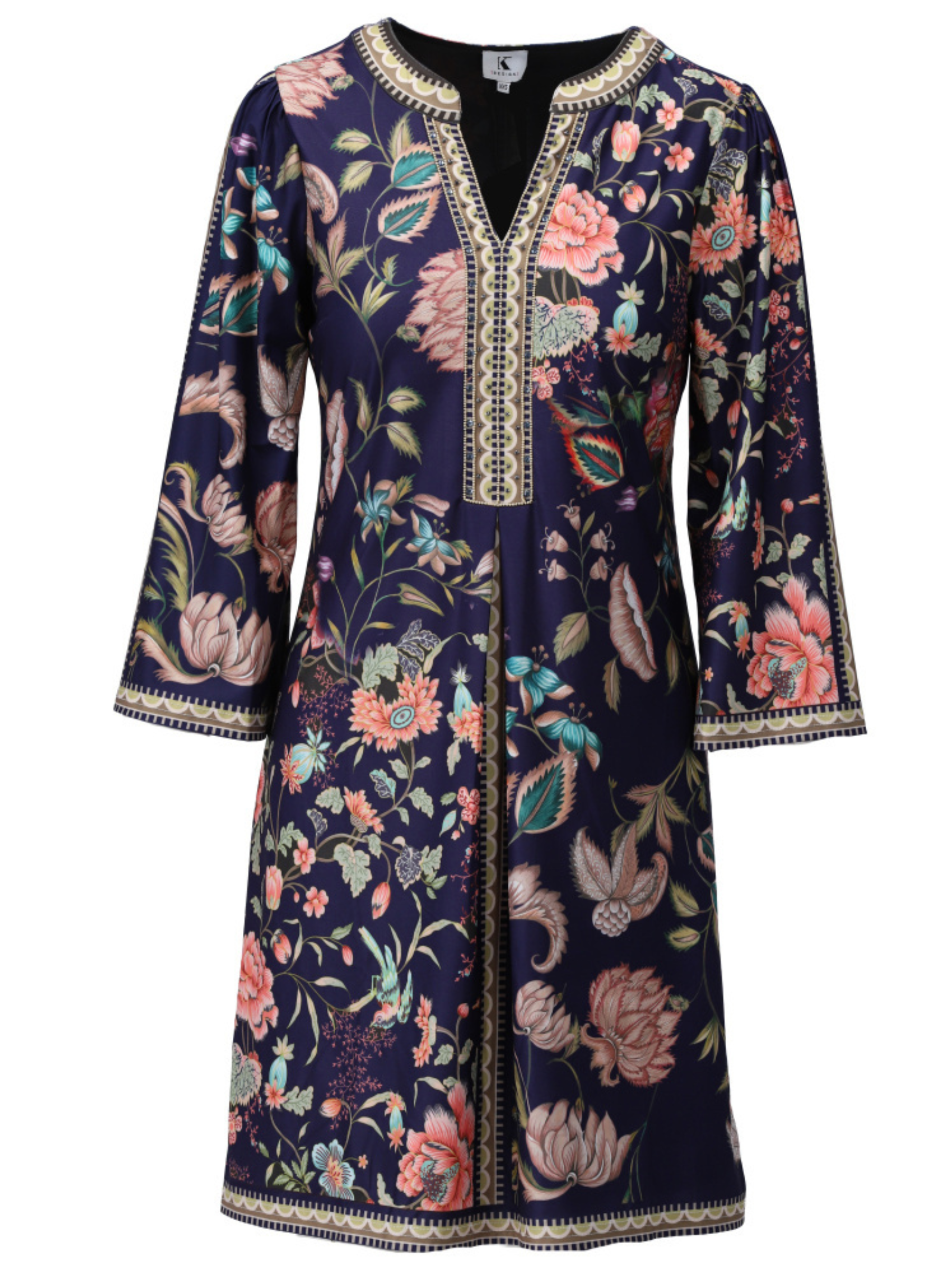 K Design D604 Short Dress with floral print, V-neckline, decorative border detailing and 3/4 sleeves.
