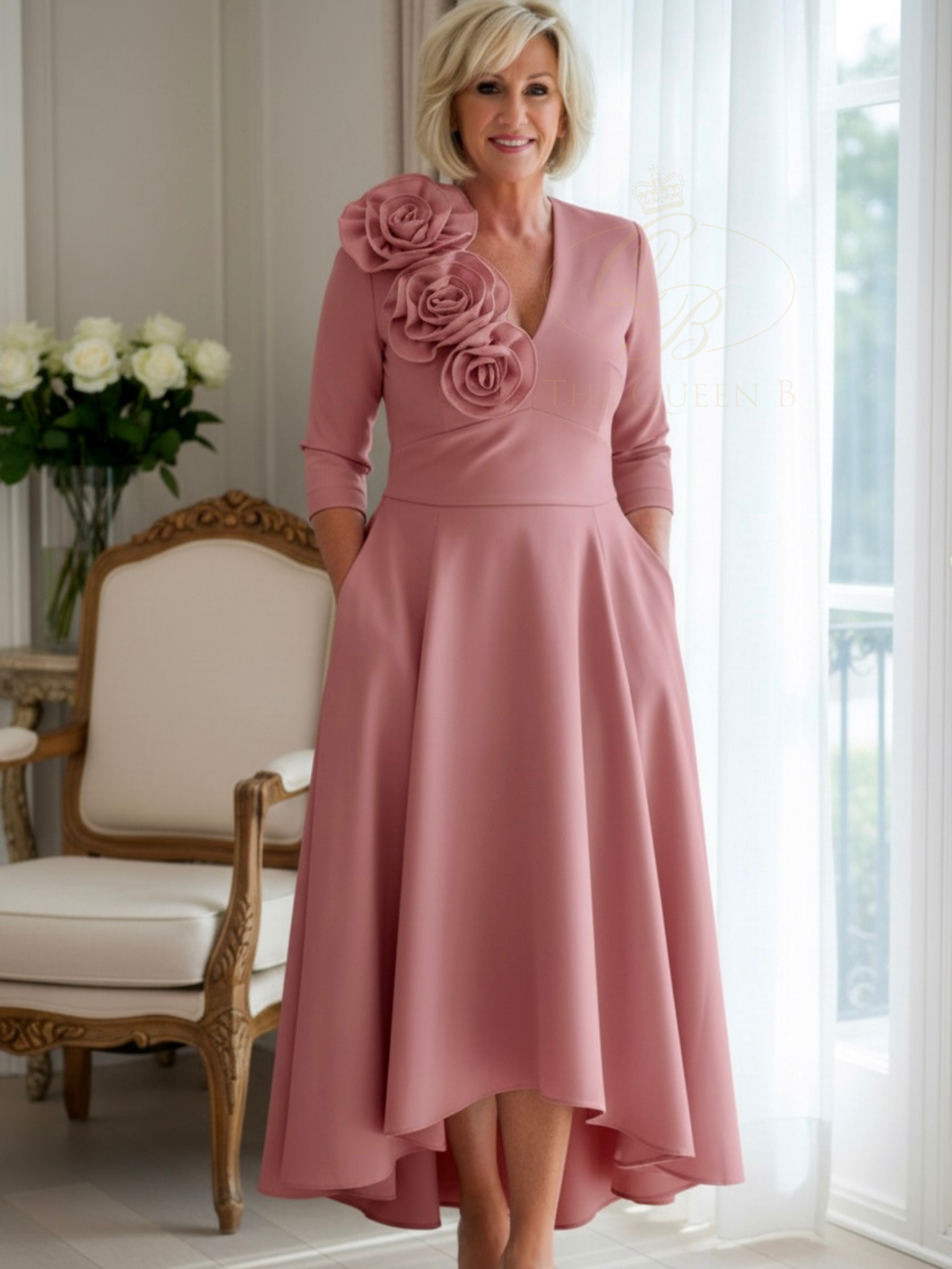 Kevan Jon Betty B Blush Knee Dress in Delauney Duchess fabric with a V-neckline, sculptural shoulder rosettes and flowing high-low flared skirt.