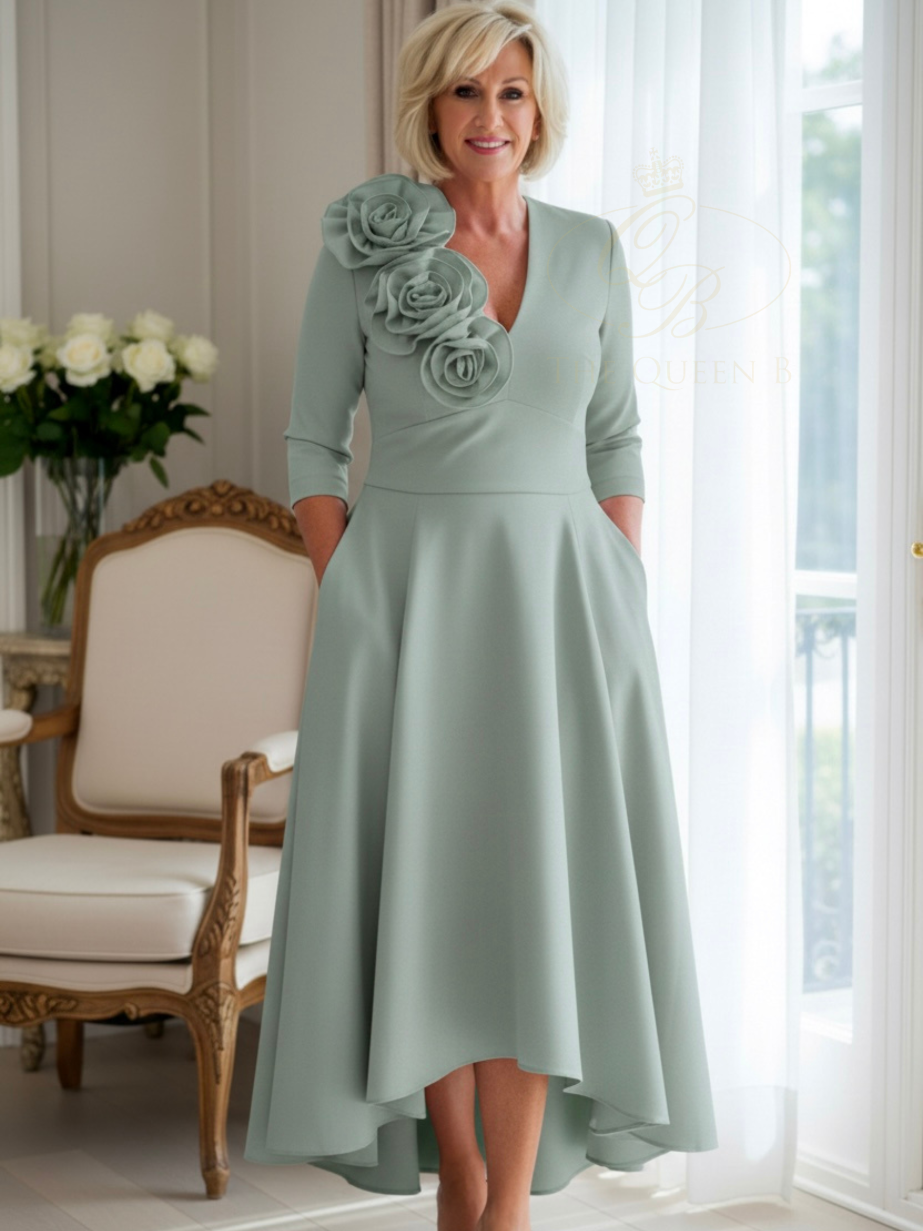 Kevan Jon Betty B Mint Knee Dress in Delauney Duchess fabric with a V-neckline, sculptural shoulder ruffle and flowing high-low flared skirt.