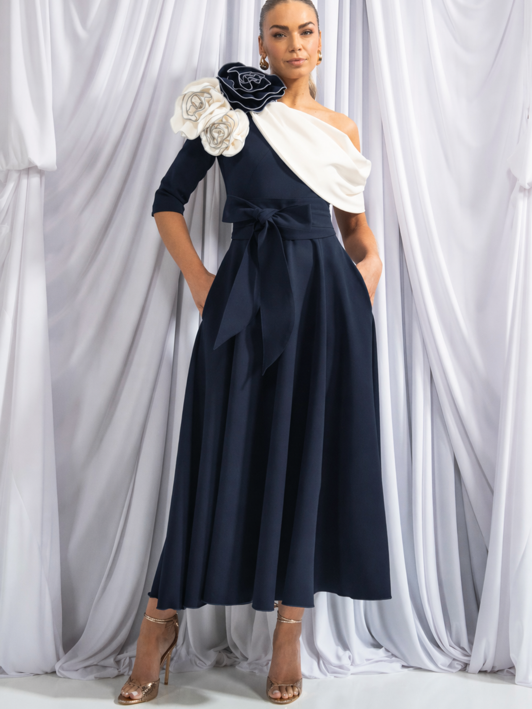 Kevan Jon Constantina Navy Ivory OS Flare Dress with one-shoulder neckline, detachable rosettes and self-tie belt
