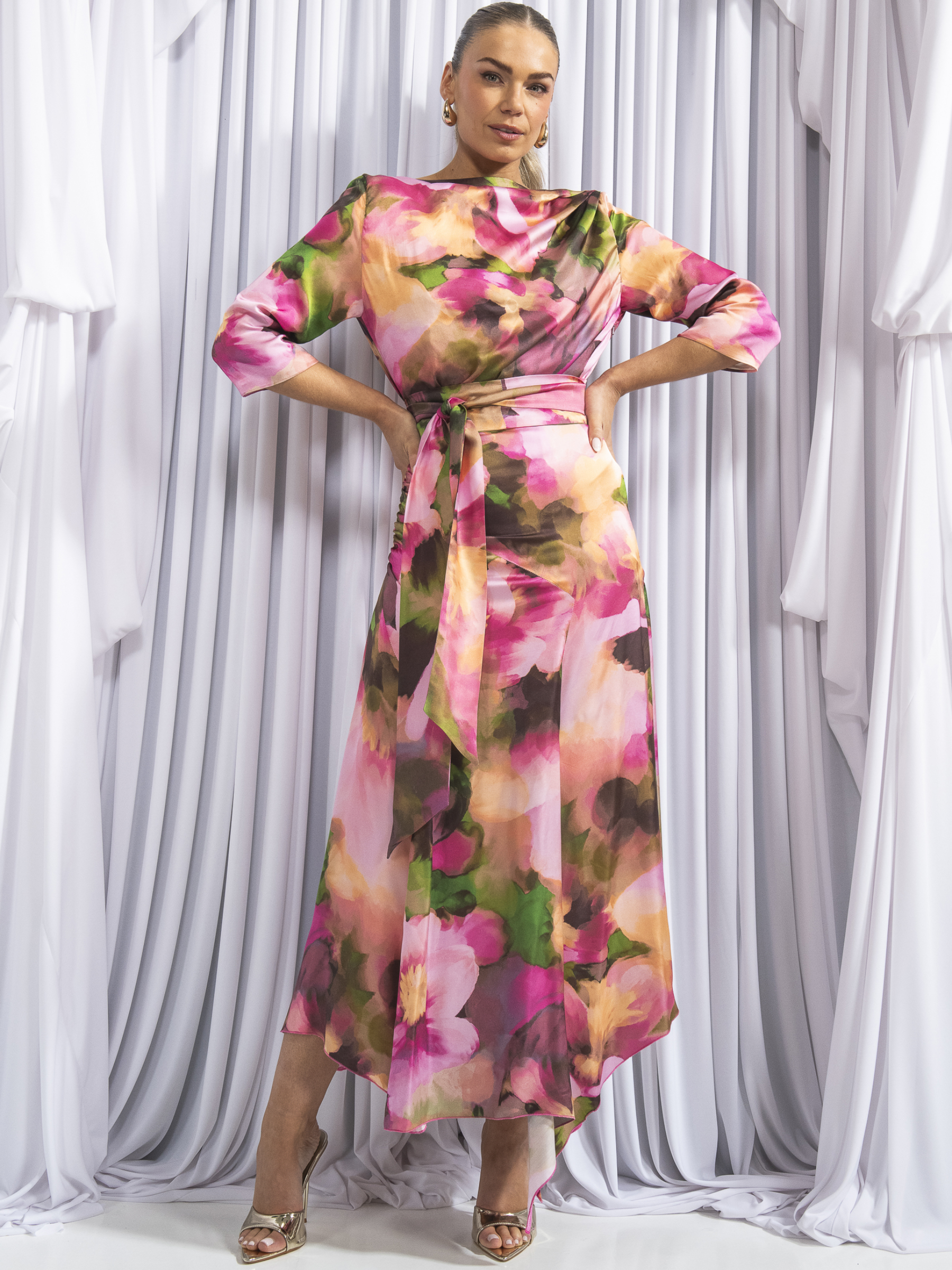 Kevan Jon Dotty Pink Drape Dress with floral print, tie waist, asymmetric skirt and detachable modesty panel