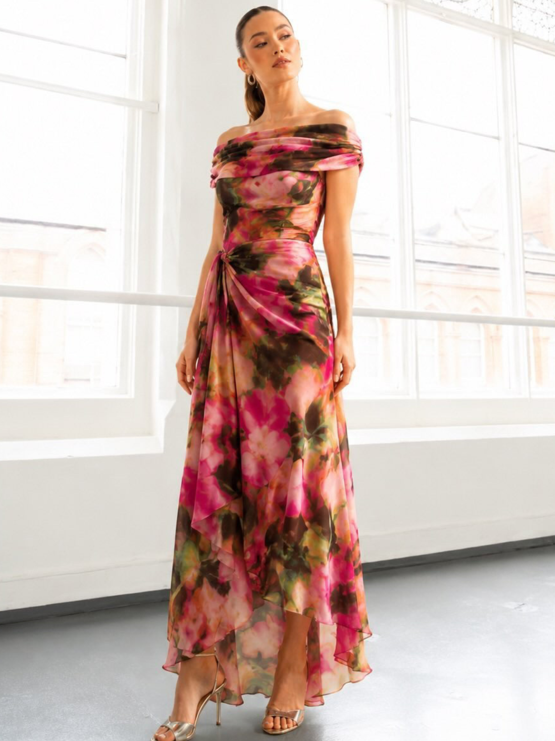 Kevan Jon Eugenia Pink Bardot Asym Dress with Bardot neckline, ruched waist, floral print and asymmetric hem
