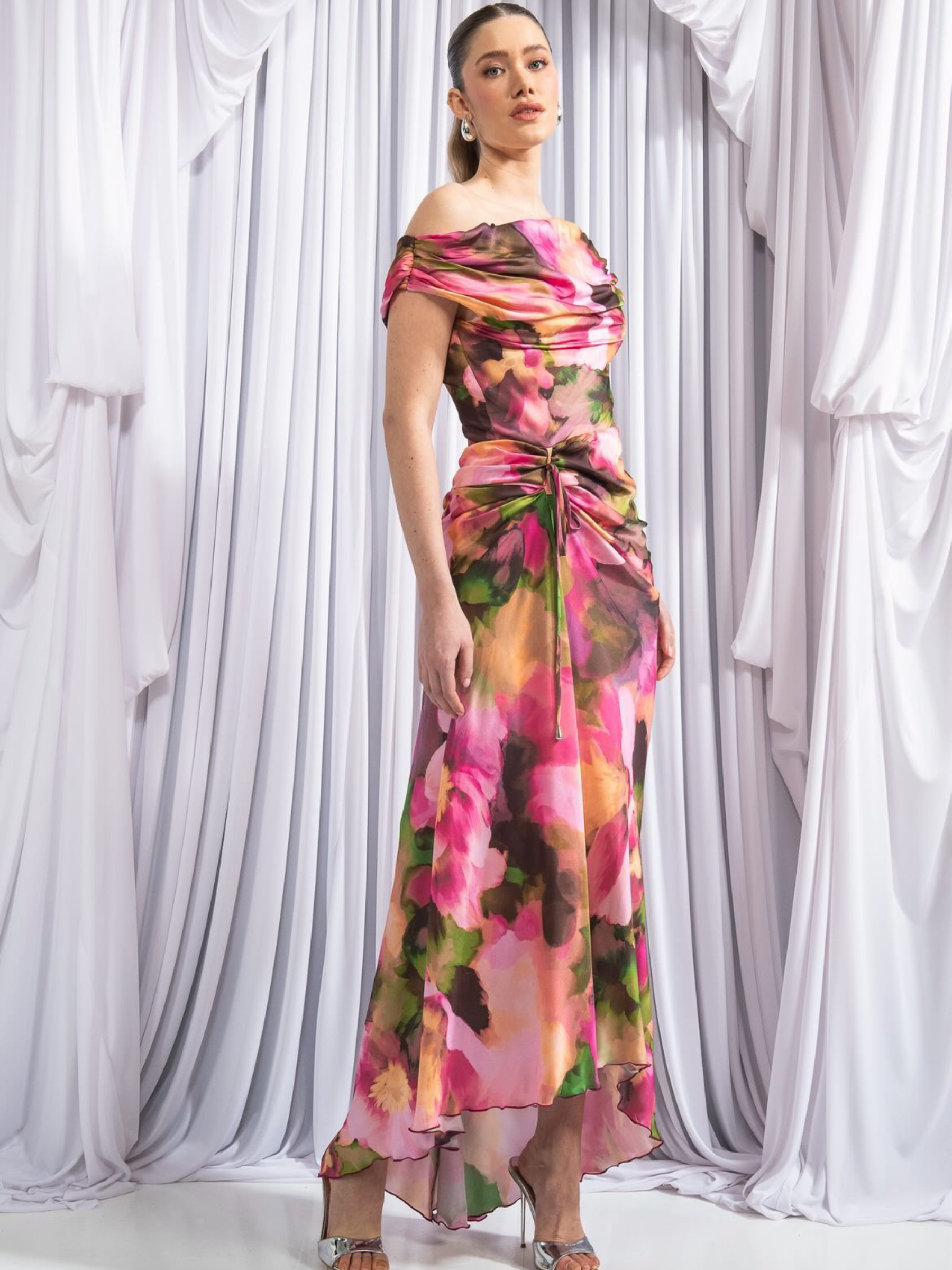 Kevan Jon Eugenia Pink Bardot Asym Dress with Bardot neckline, ruched waist, floral print and asymmetric hem
