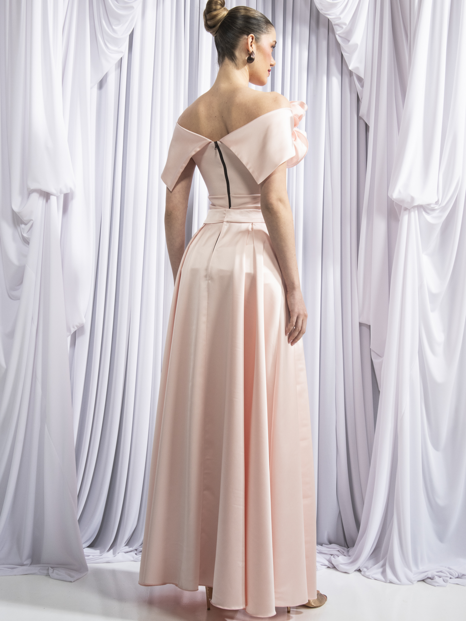 Kevan Jon Kris Bardot Ice Pink Maxi Dress with floral corsage, detachable overskirt and off-the-shoulder neckline