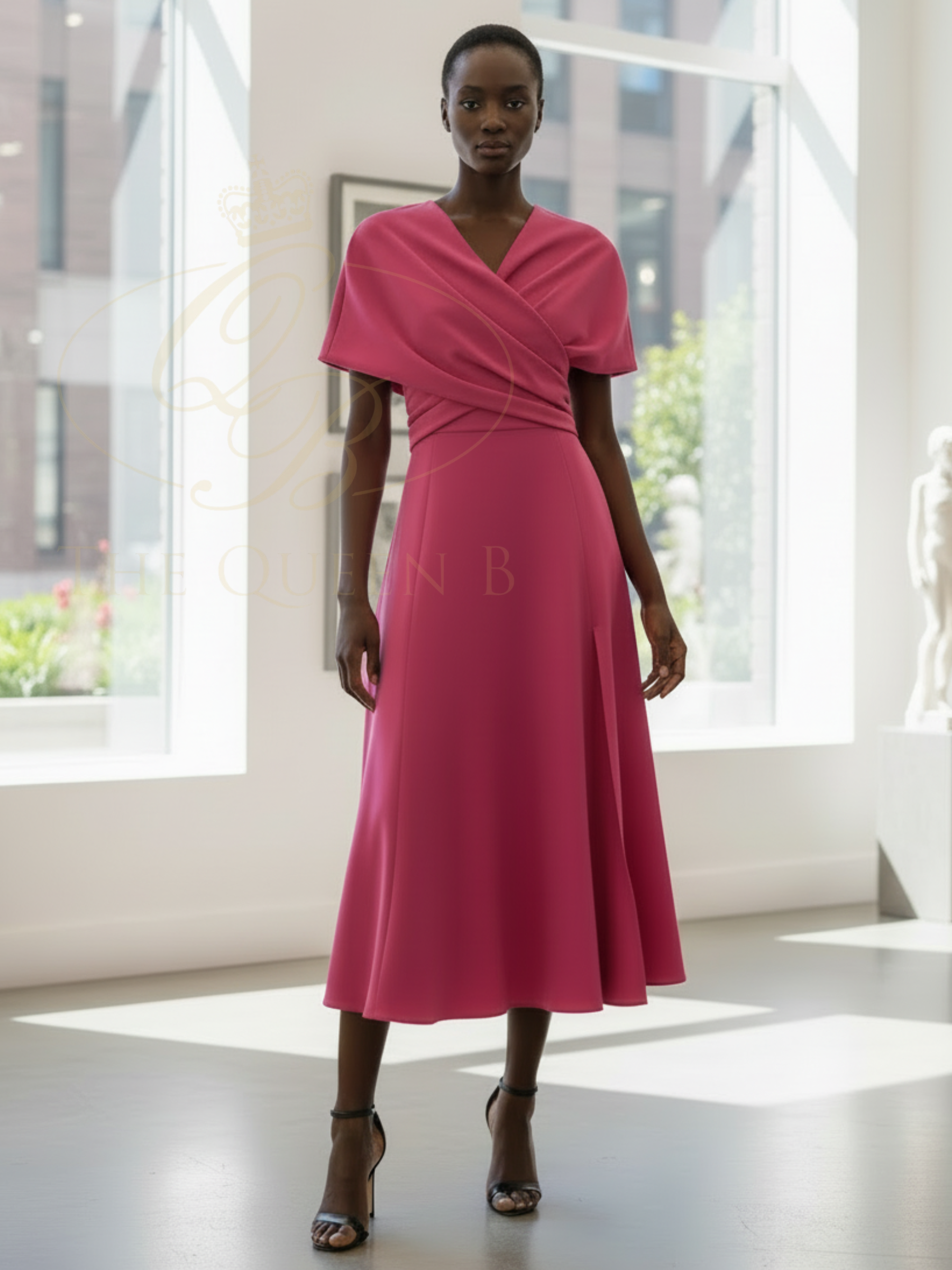 Kevan Jon Sydney Candy Pink Flare Dress & Cape in Delauney Scuba with a fitted bodice, flared midi skirt and matching draped shoulder cape.