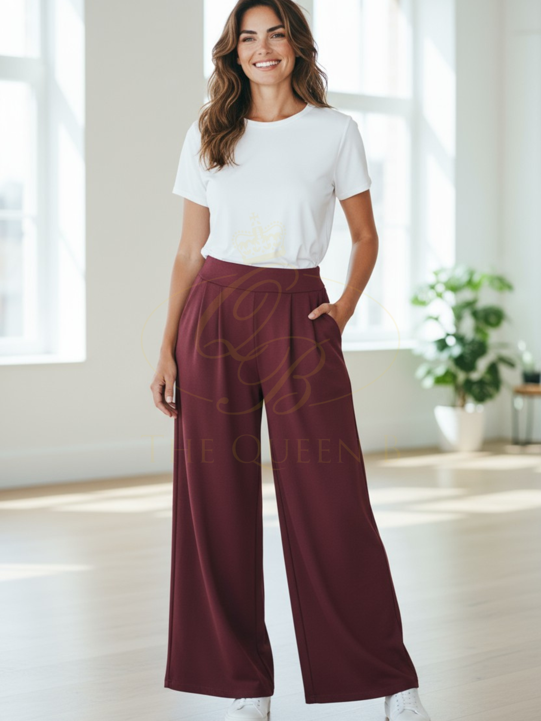 LUXTYLE CELESTE Berry Wide Leg Trousers – high-rise women’s trousers with side pockets, versatile wide-leg design for workwear or casual chic.