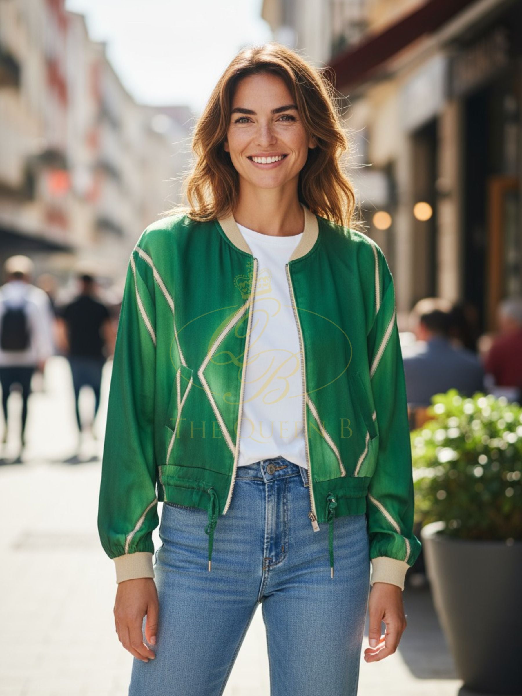 LUXTYLE CELIA Green Satin Bomber Jacket with contrast ribbed trim, zip fastening and drawstring hem.