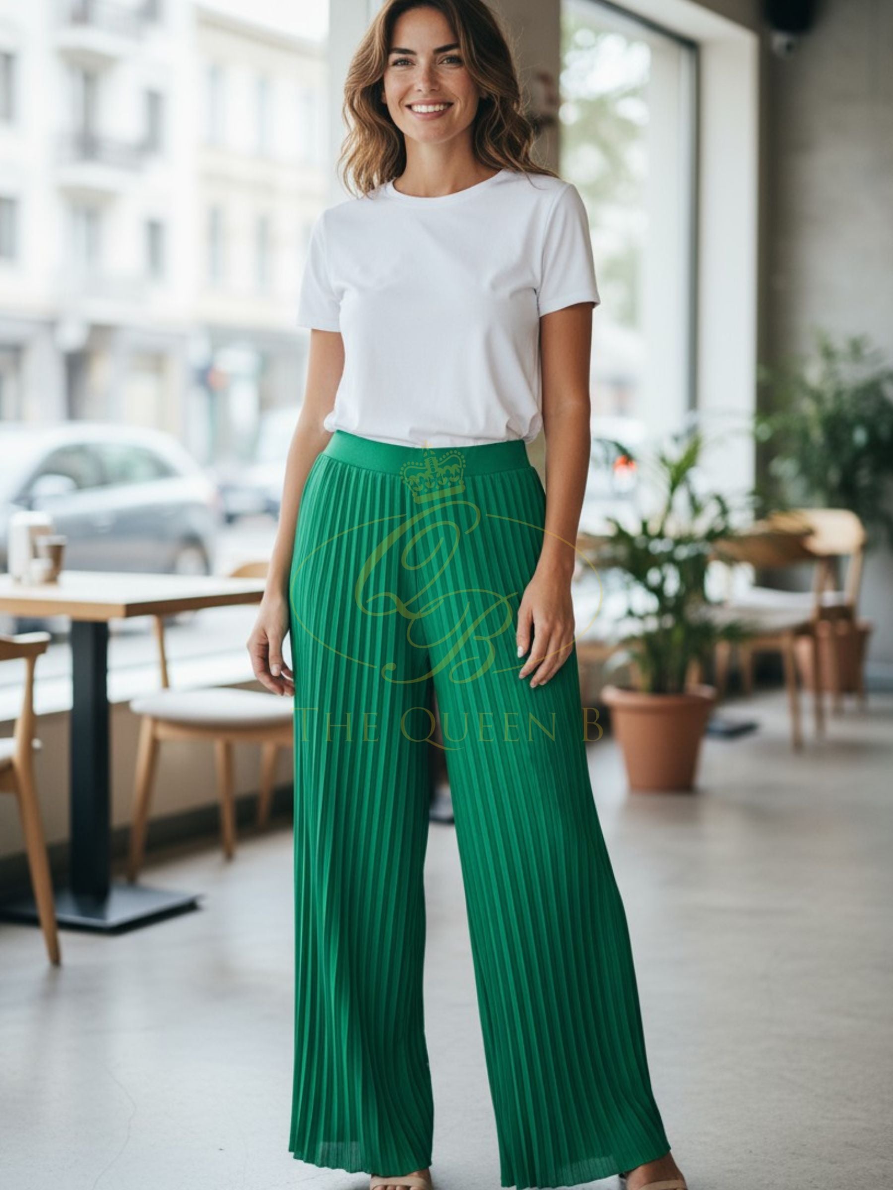 LUXTYLE NOVA Green Pleated Wide-Leg Trousers with elasticated waistband, designed for versatile day-to-night styling.