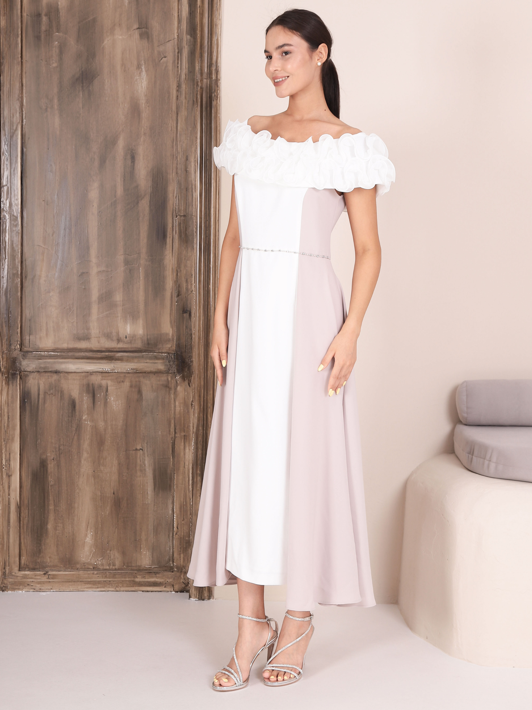 Lizabella 2301 - 40 oyster off-the-shoulder occasion dress with floral neckline and elegant flowing silhouette.