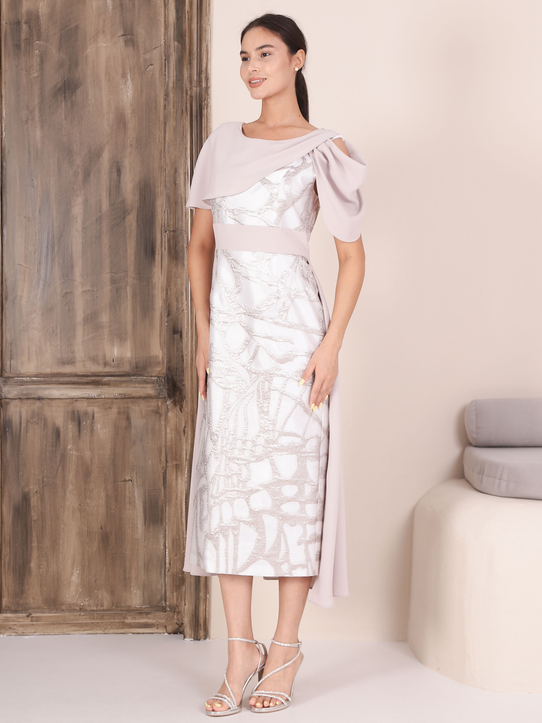 Lizabella 2391 Oyster occasion dress with lace detail, asymmetrical neckline and elegant silhouette.