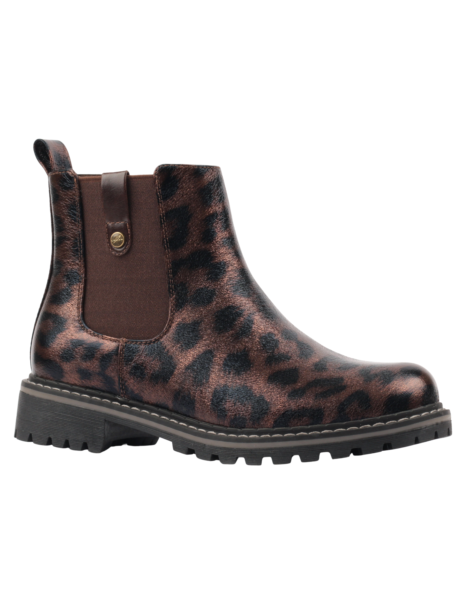 Lunar Andrea Brown Ankle Boot with elastic side panel, pull tab, animal-inspired print and cleated sole