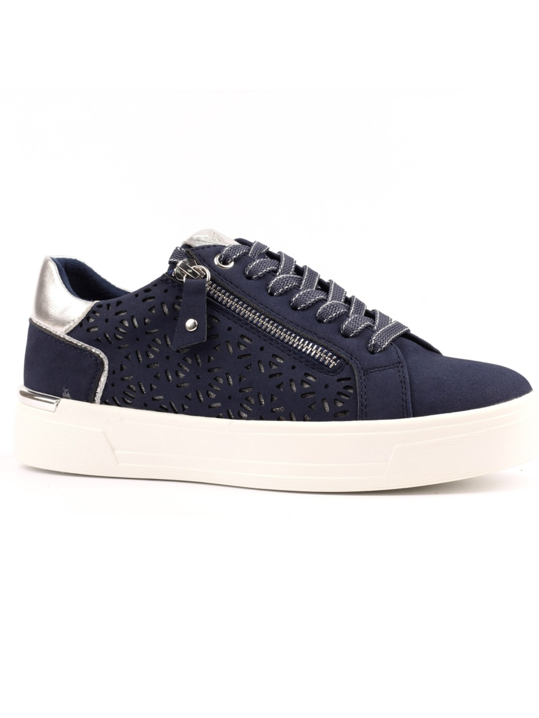 Lunar Ciara Navy Trainer with laser-cut side panel, lace-up front, side zip detail and chunky sole.