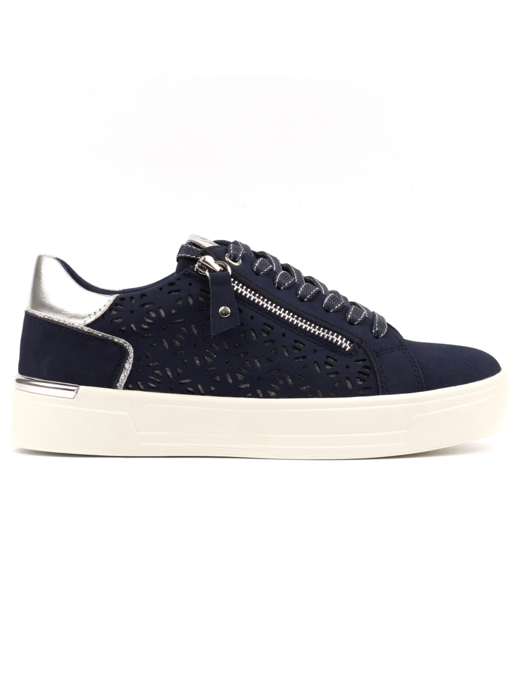 Lunar Ciara Navy Trainer with laser-cut side panel, lace-up front, side zip detail and chunky sole.