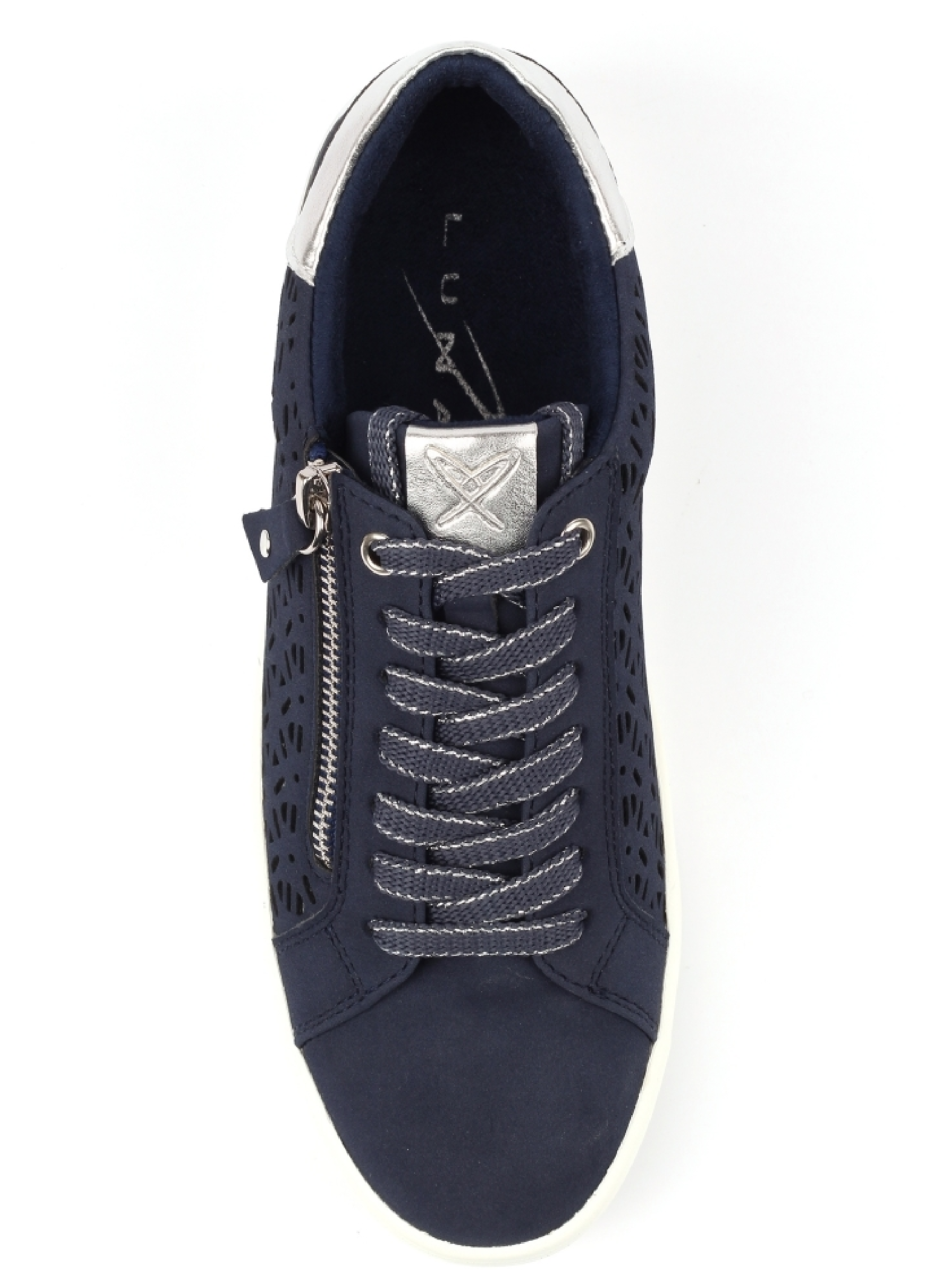 Lunar Ciara Navy Trainer with laser-cut side panel, lace-up front, side zip detail and chunky sole.