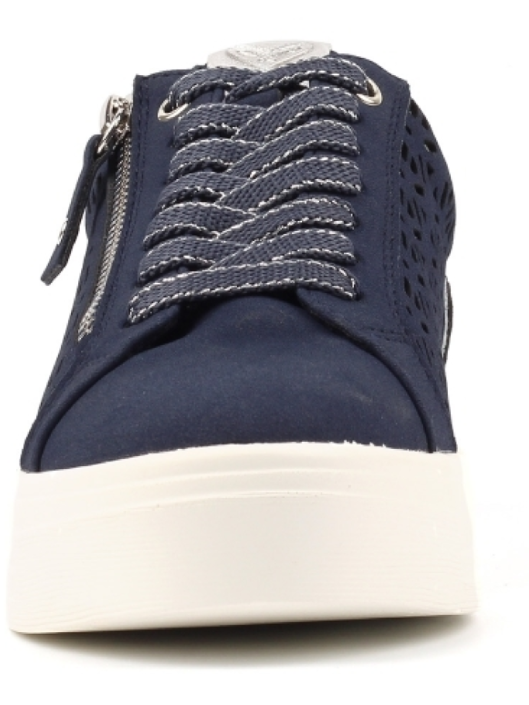 Lunar Ciara Navy Trainer with laser-cut side panel, lace-up front, side zip detail and chunky sole.
