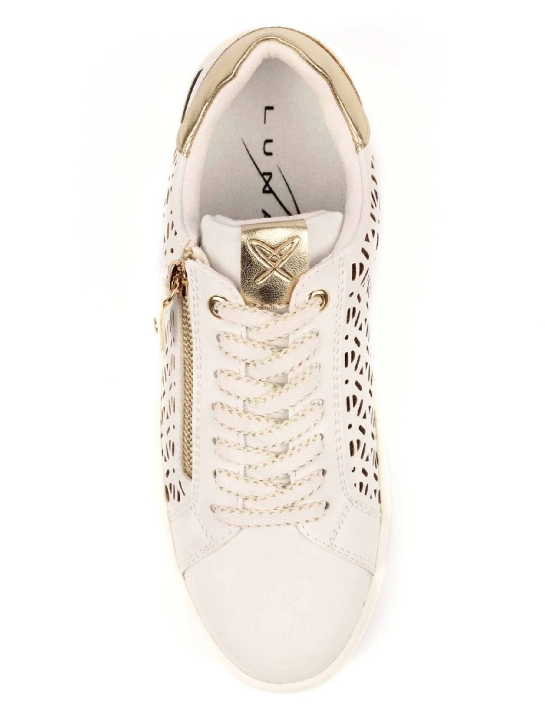 Lunar Ciara White Trainer with laser-cut side panel, lace-up front, side zip detail and chunky sole.