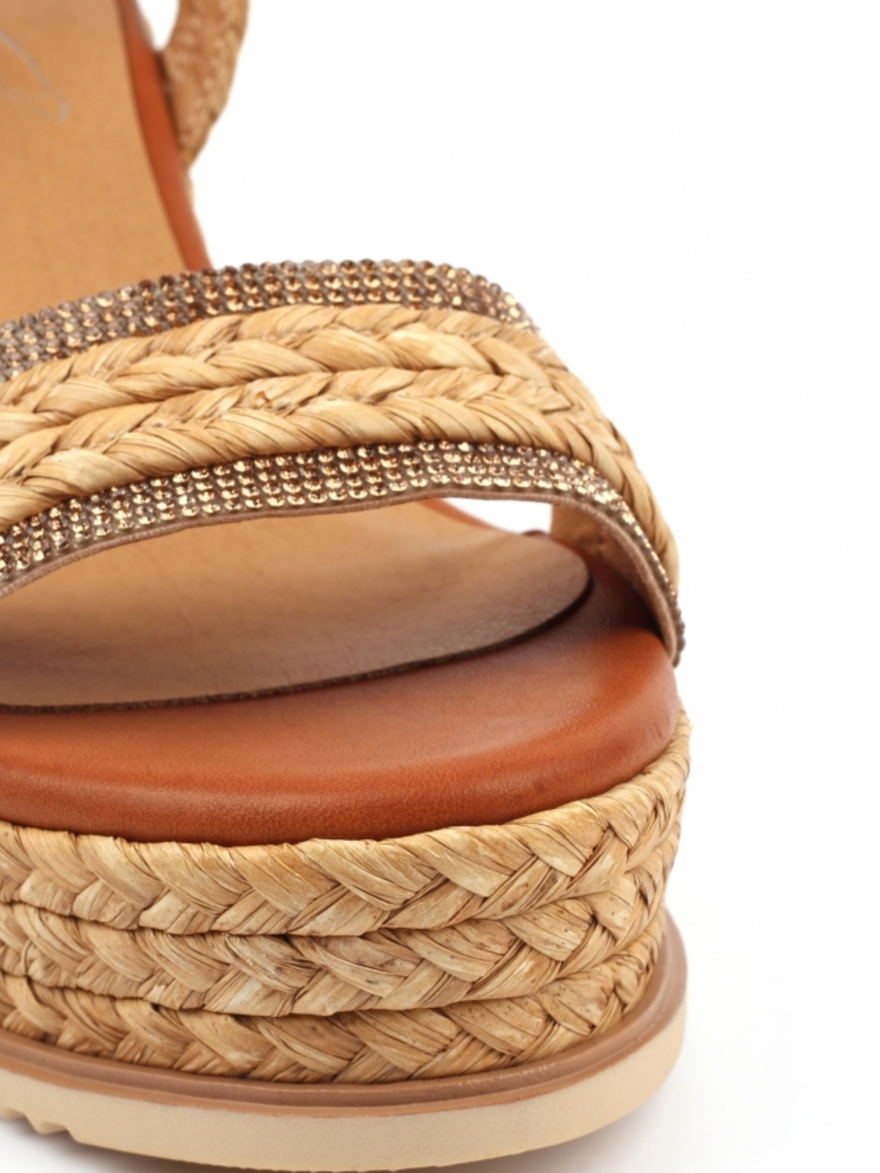Lunar Domino Camel Wedge Sandal with woven espadrille wedge heel, sparkling strap detail and adjustable ankle buckle.