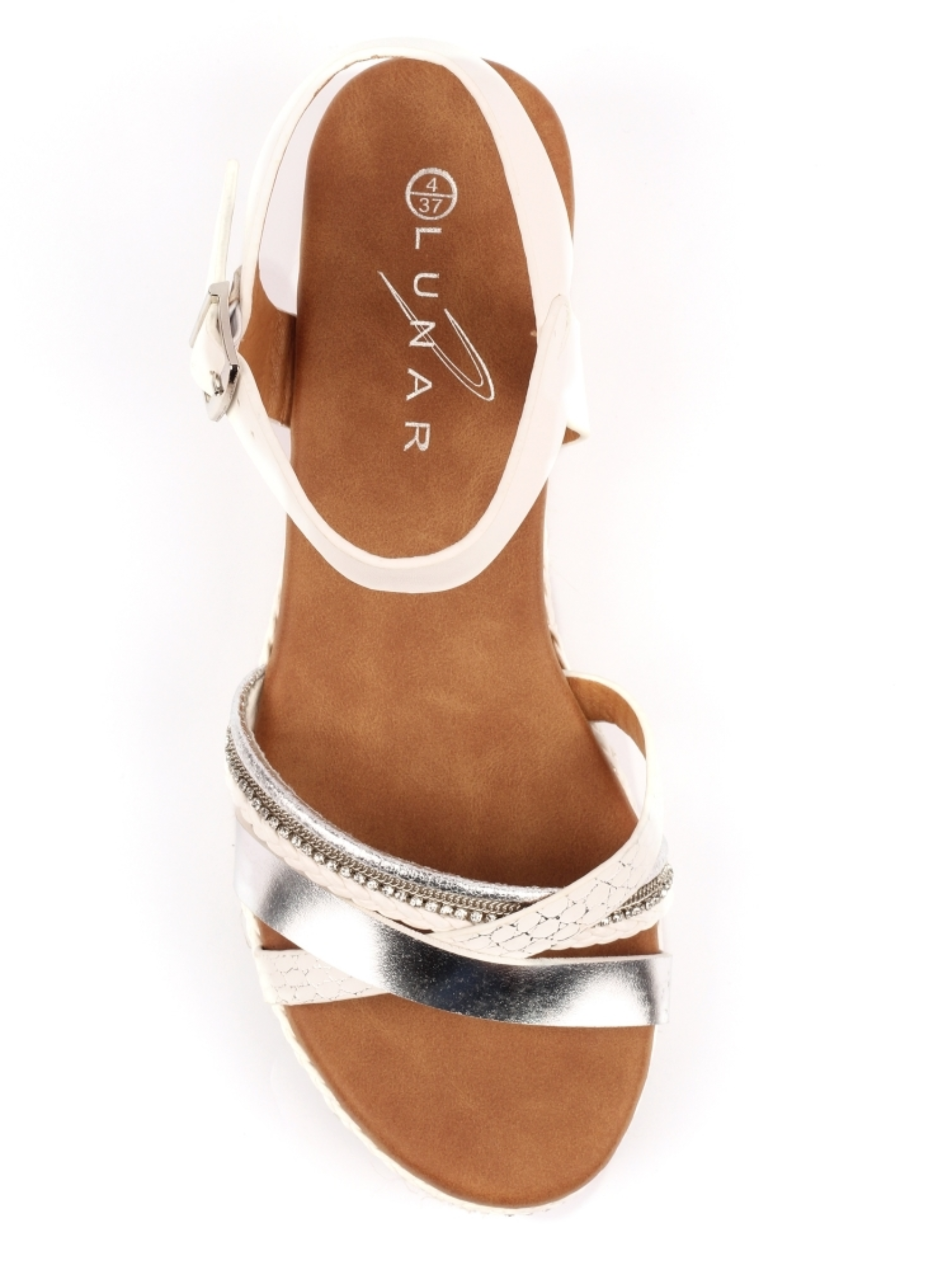 Lunar Donna White Wedge Sandal with overlapping straps, metallic accents and cork-style wedge heel.