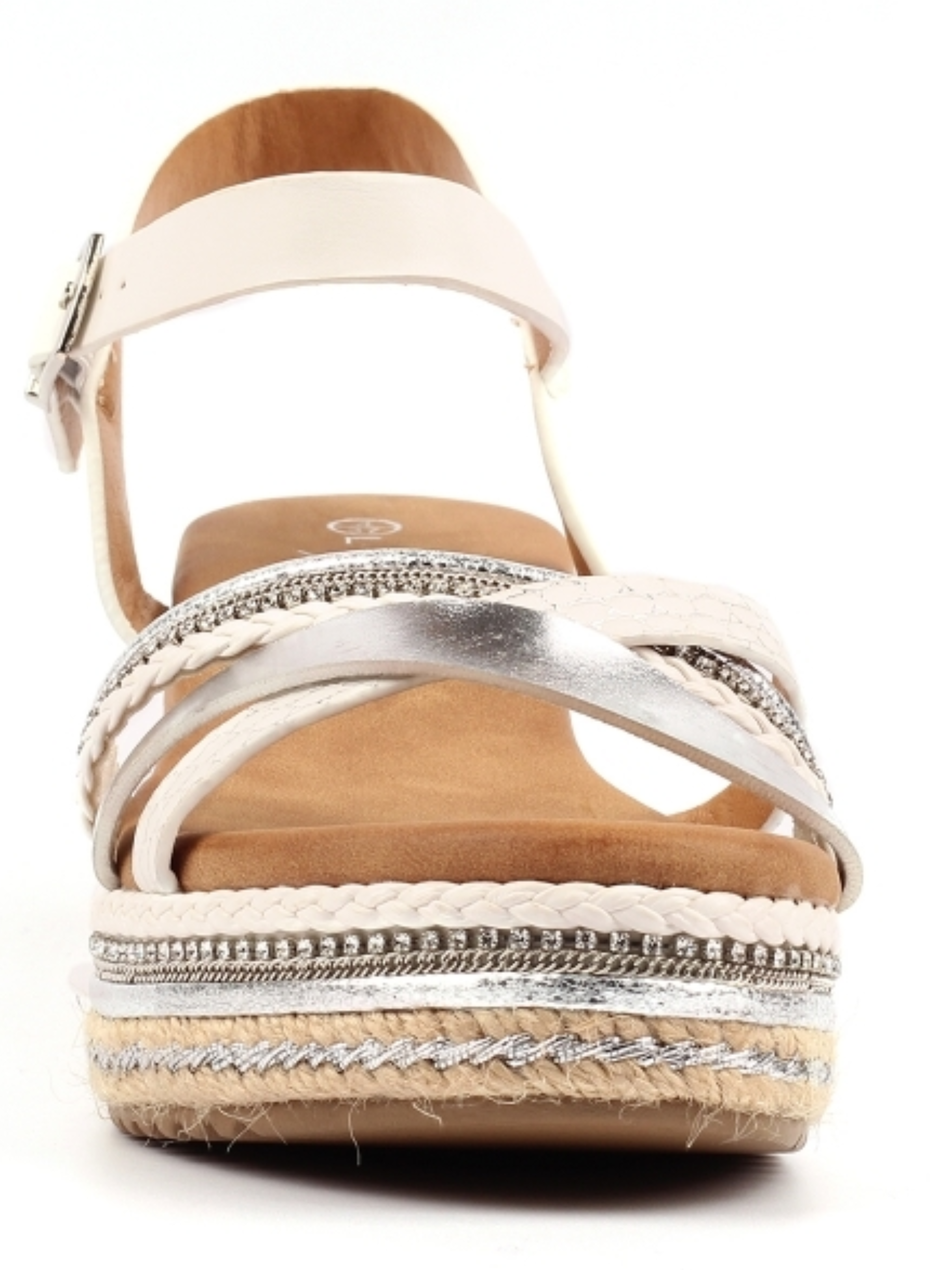 Lunar Donna White Wedge Sandal with overlapping straps, metallic accents and cork-style wedge heel.