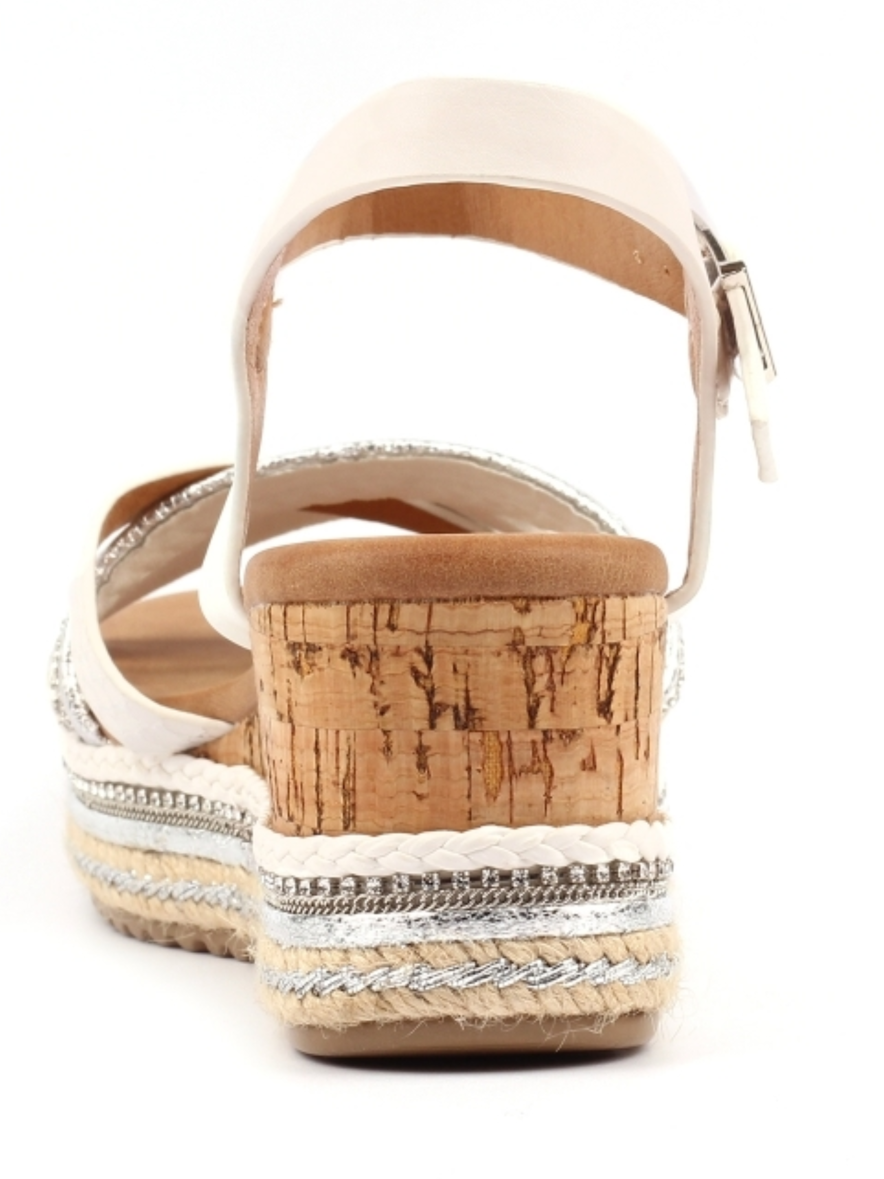 Lunar Donna White Wedge Sandal with overlapping straps, metallic accents and cork-style wedge heel.