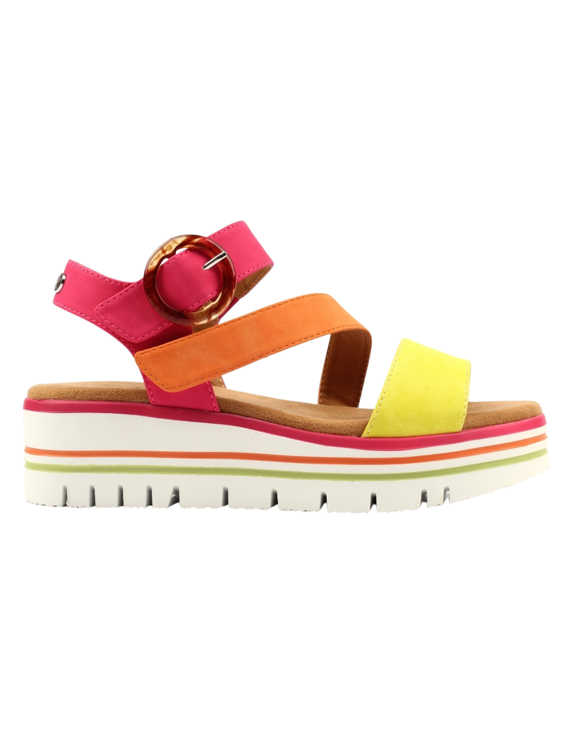 Lunar Issy Fuchsia flatform sandal with colour-block straps, statement buckle detail and cushioned sole.