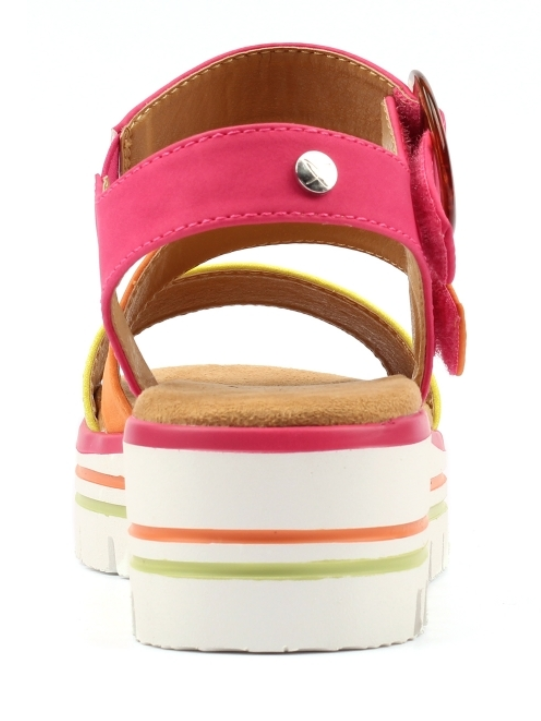 Lunar Issy Fuchsia flatform sandal with colour-block straps, statement buckle detail and cushioned sole.